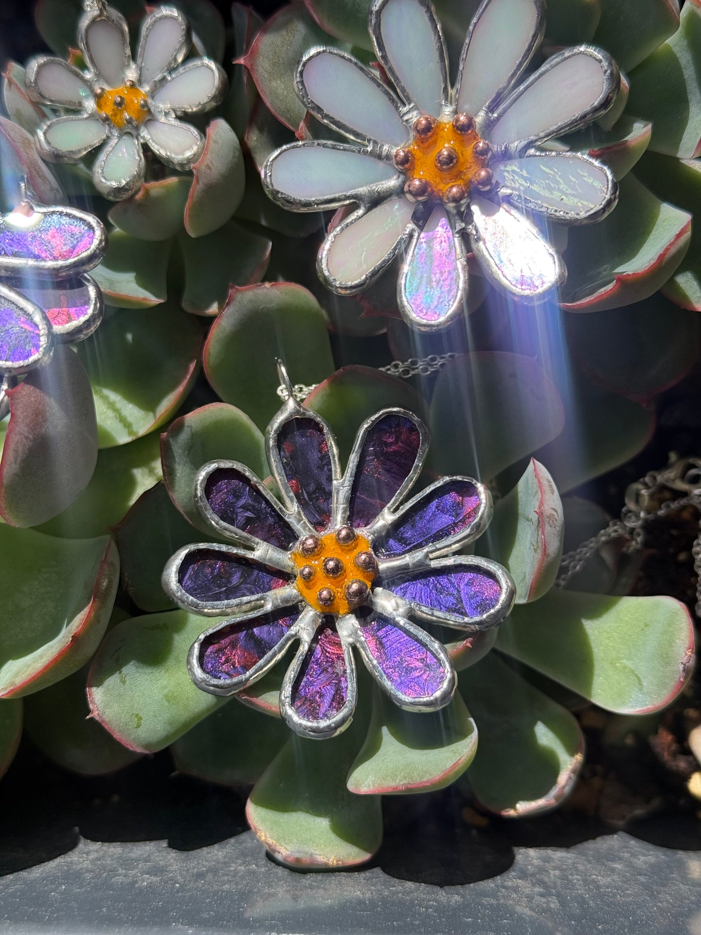 Daisy Purple & Pink, Stained Glass Necklace or Brooch, Handmade Botanical Jewelry