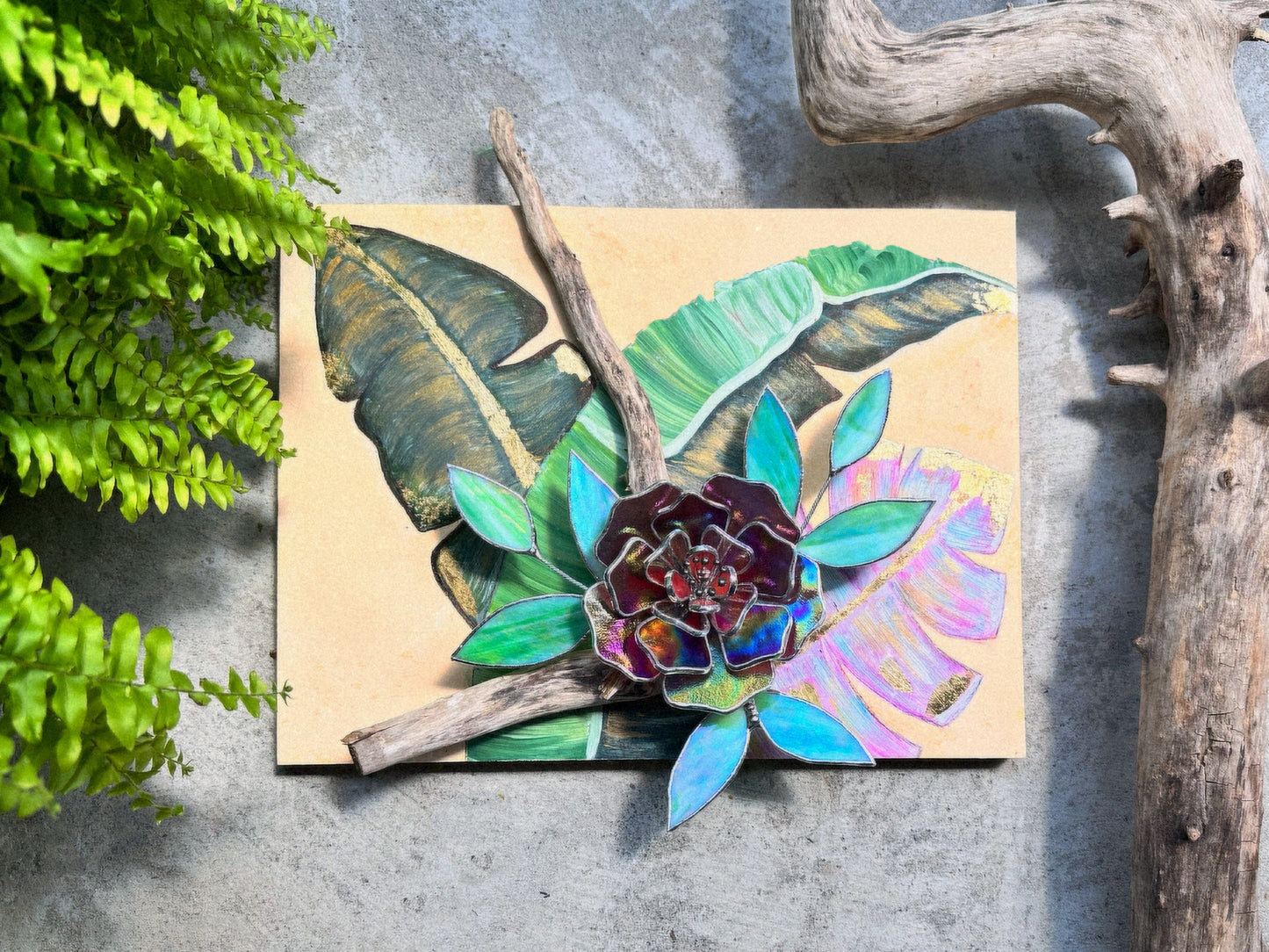 " .Acrylic painting ‘Wild Tropics’ with stained glass 3D flowers, Wall decor, Wedding, Christmas gift, available