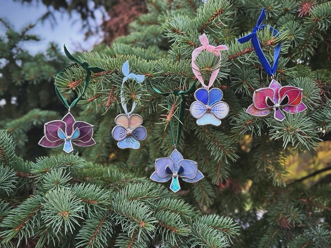 " . CHOOSE COLOR Orchid Flower Christmas ornament, Stained glass Holiday decor, Handmade art plant