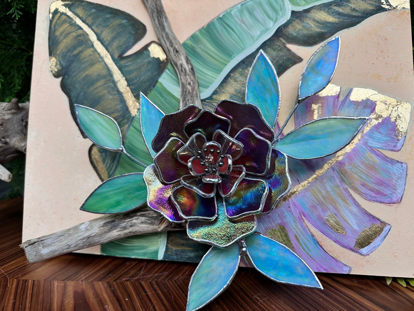 " .Acrylic painting ‘Wild Tropics’ with stained glass 3D flowers, Wall decor, Wedding, Christmas gift, available