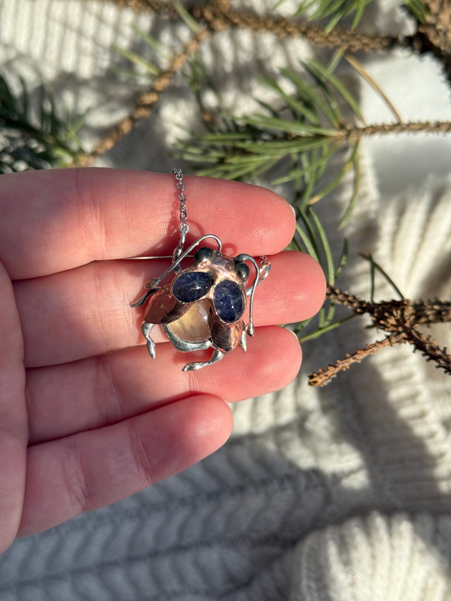 " . Bug necklace Baby Cicada with Blue Iolite & Olive Prehnite”, art jewelry pendant 3D wedding jewelry Mother’s Day gift