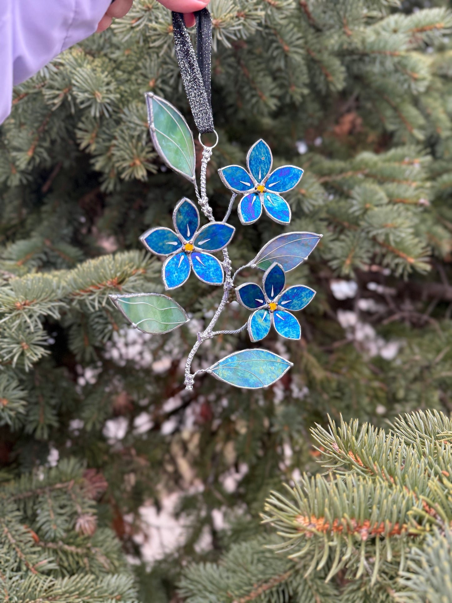 "  . Forget me not flower Indigo iridescent Wall Pendant, Stained glass, Walldecoration, Suncatcher