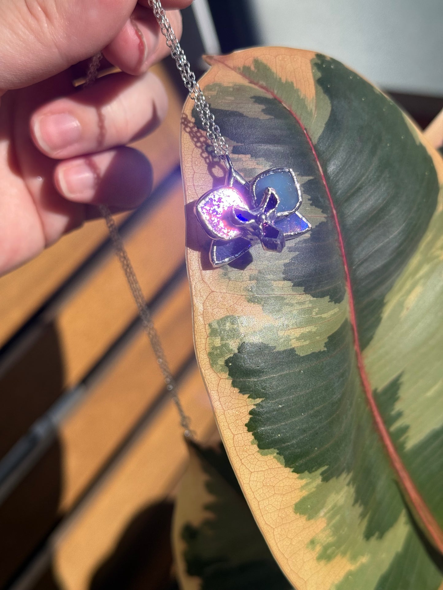 Blue lavender Orchid Irid, Stained Glass Necklace Handmade Botanical Jewelry