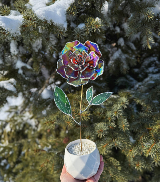 " . Mauve iridescent Peony Stained glass flower, tropical 3D Sun catcher, Table plant decor, wedding gift, available