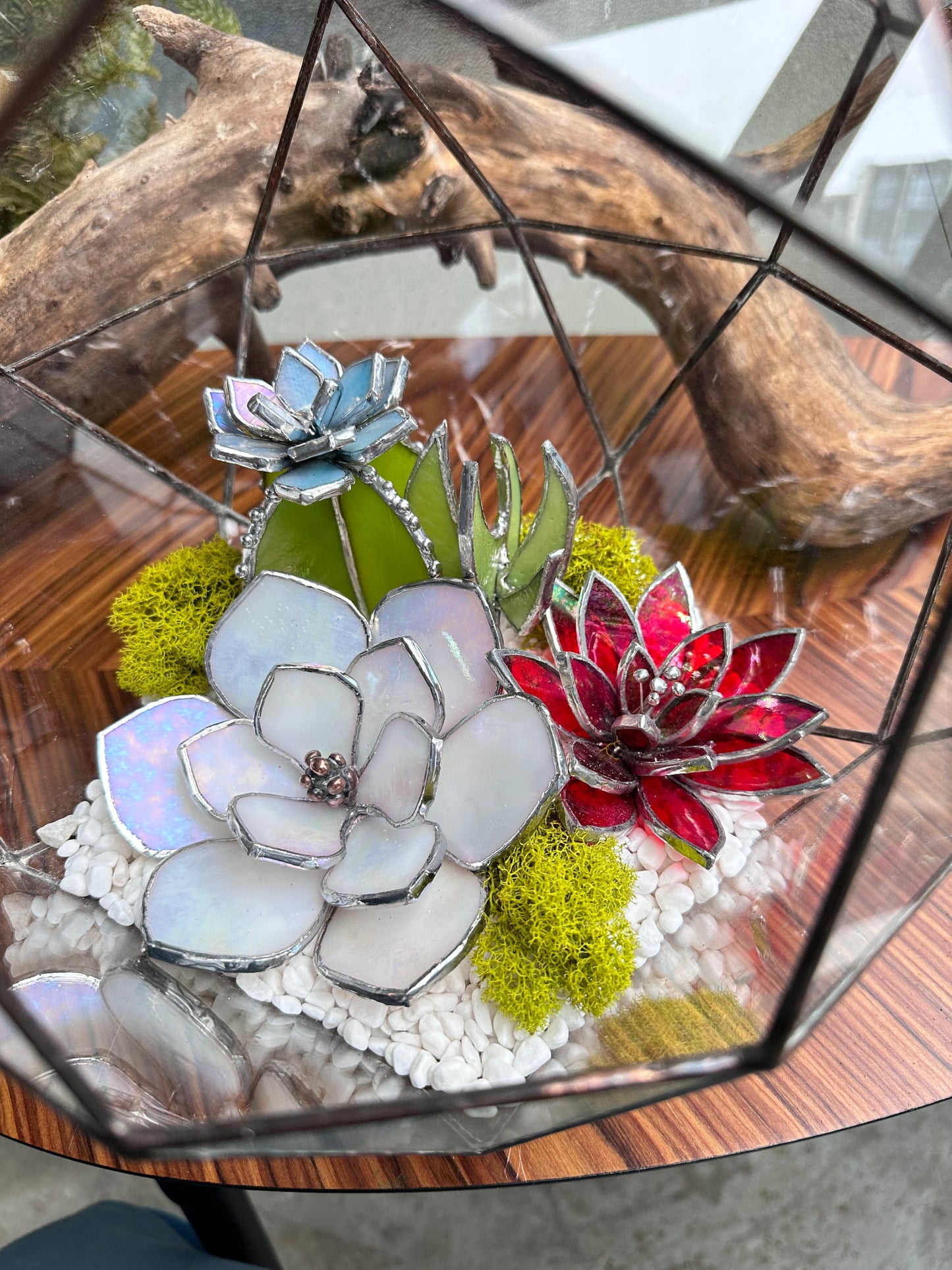 Geometric glass 3D terrarium with stained glass plants , Wedding glass decor, Mother’s Day  gift, glass art, sun catcher, succulents