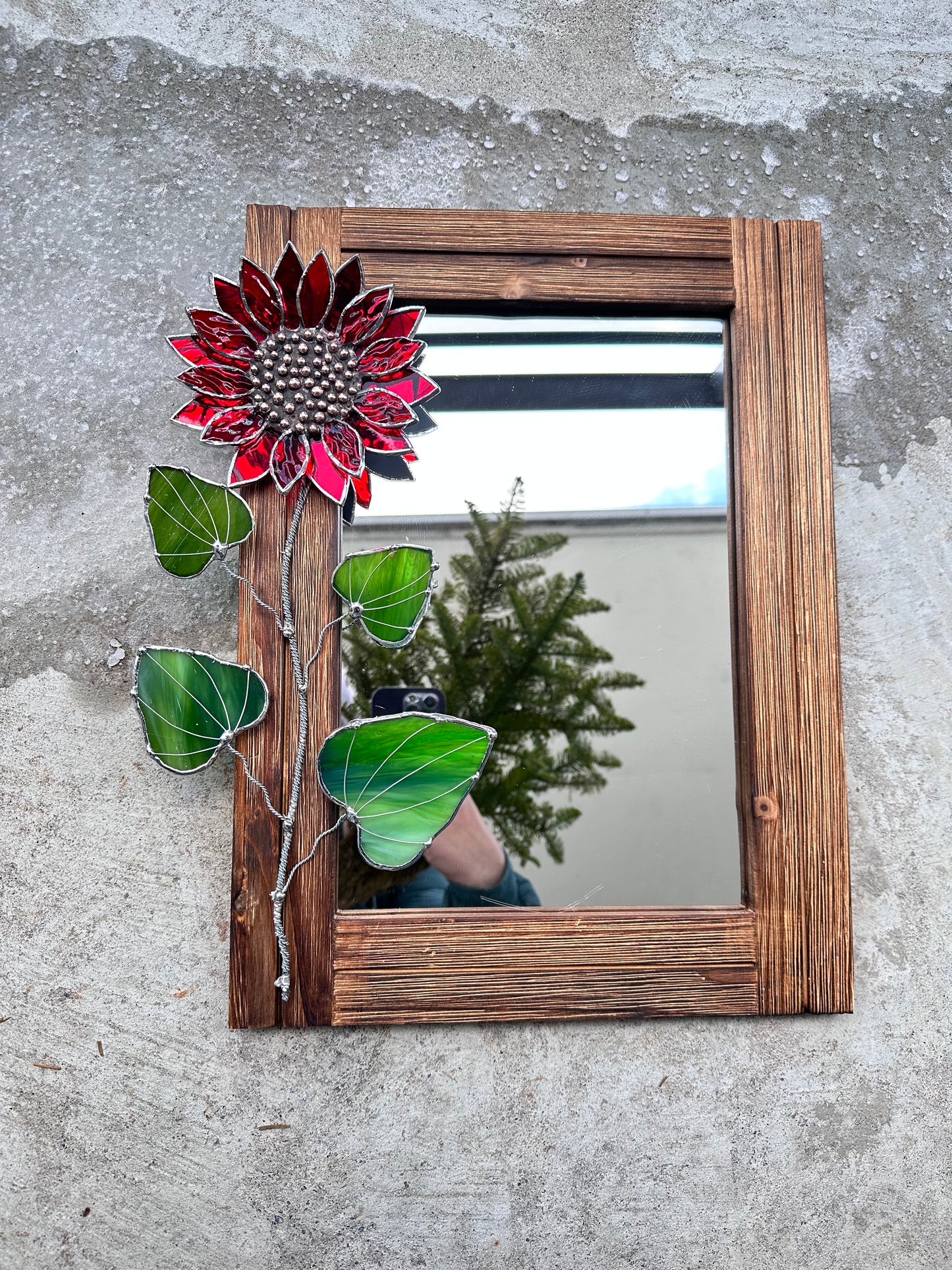 "Red Sunflower" Stained glass flower Mirror, wall decor Art, Wedding, Christmas, gift Decoration Glass flowers Succulents.