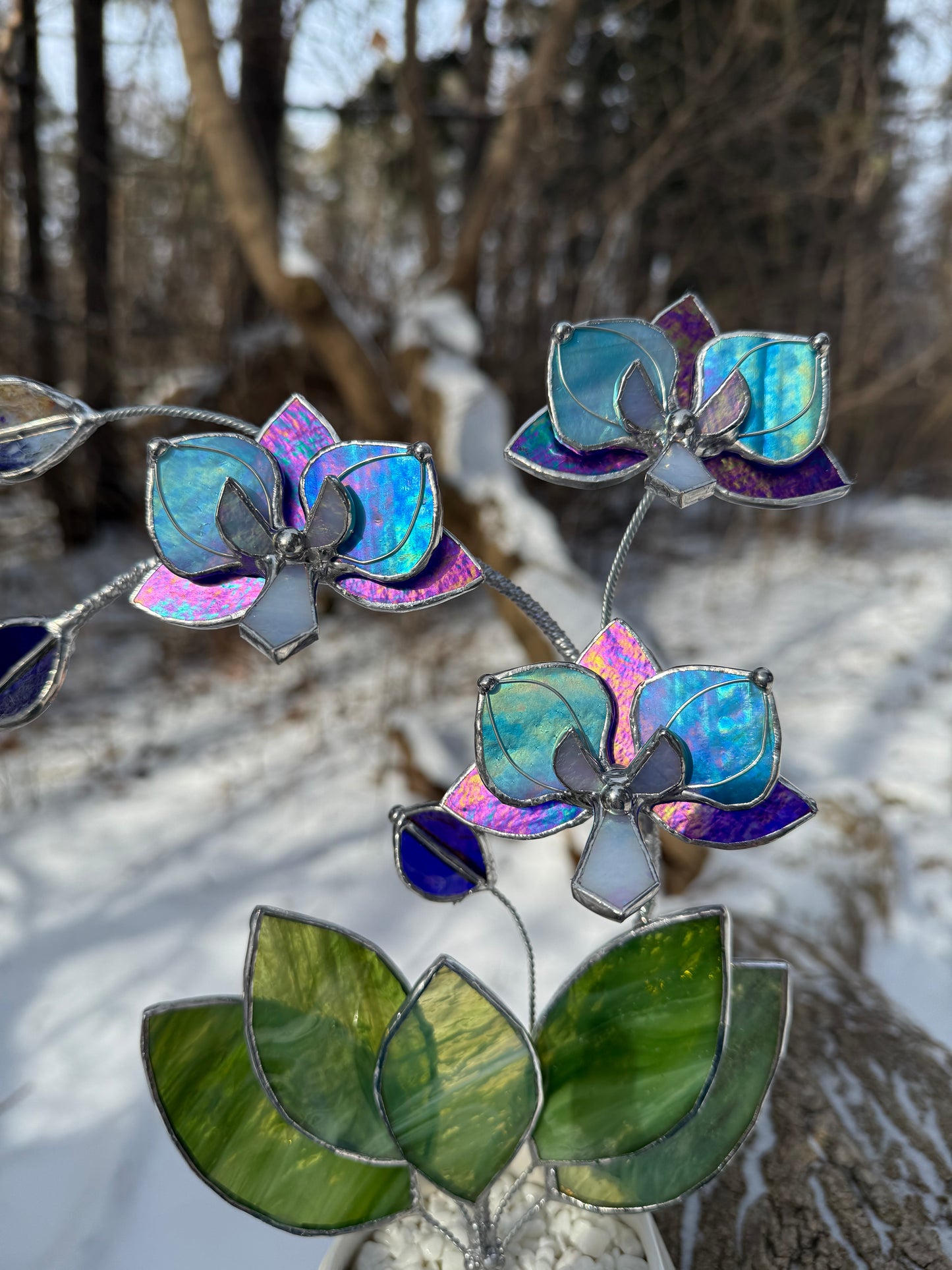 " . Amethyst iridescent and Blue iridescent Orchid 3 flowers with pot” Stained glass tropical flower 3D, Sun catcher, Table plant, Garden stick, Outdoor and gardening decor