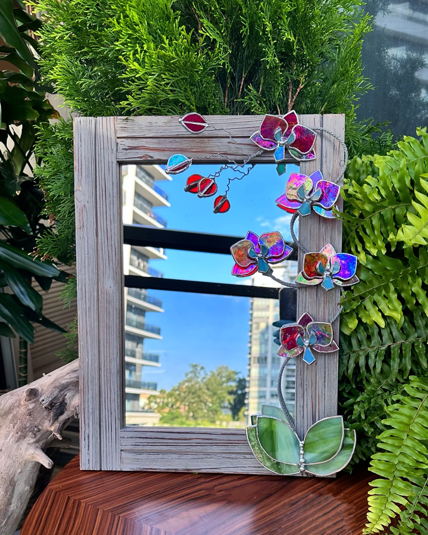 ". Blooming Orchid Red iridescent" Stained glass flower Mirror, Wall decor, Wedding, Christmas gift