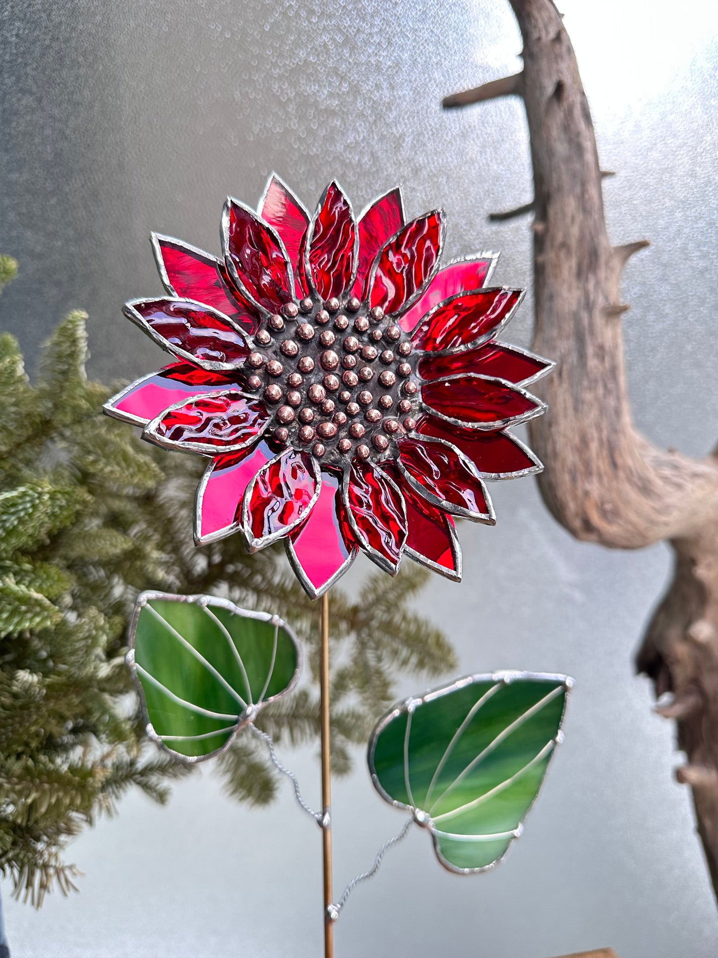 ".Ruby Red Sparcling Sunflower" Stained glass tropical flower 3D, Sun catcher, Table plant decor, Garden stake, wedding decor, Christmas gift