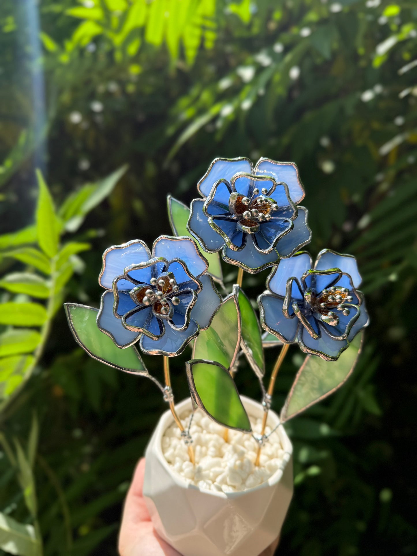 " . Blue Peonies 3 flowers in the pot", Stained glass tropical flower 3D, Sun catcher, Table plant decor, wedding Christmas gift