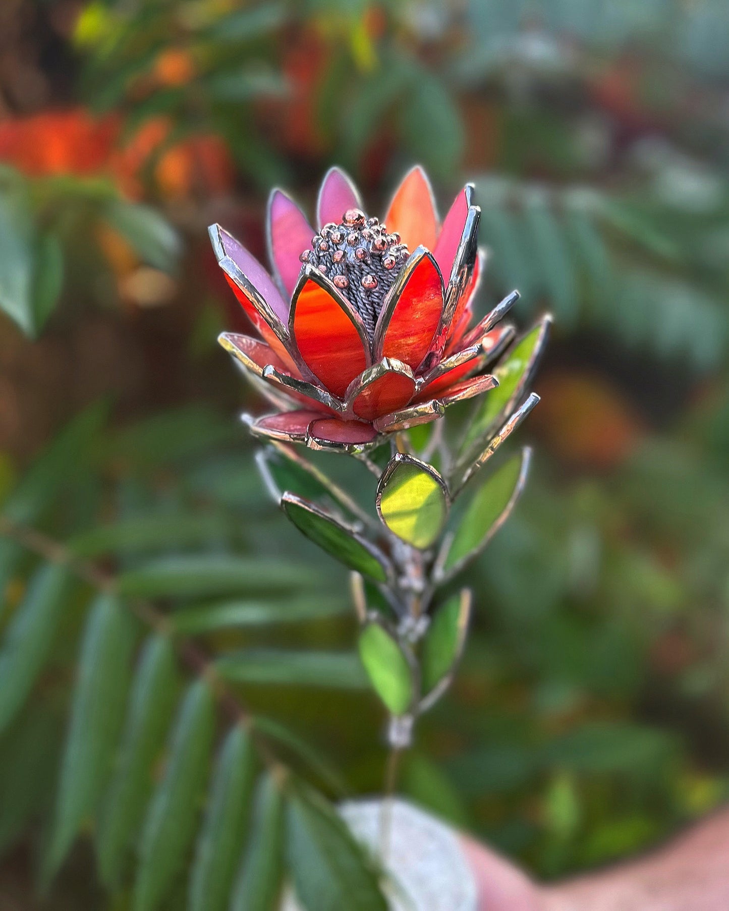 " . Amber&Red irid Protea Stained glass flower in the pot, tropical 3D Sun catcher, Table plant decor, wedding gift, available