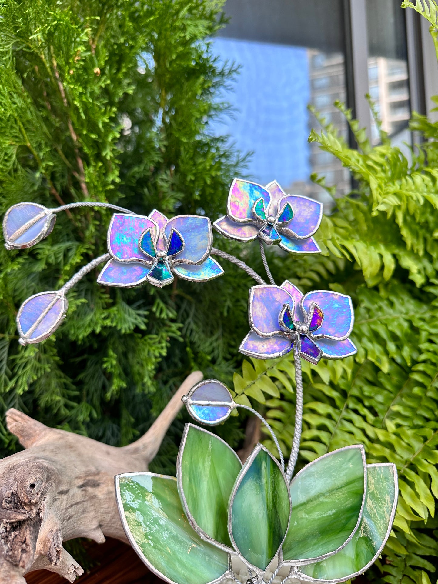 " . Lavender iridescent Orchid 3 flowers with pot” Stained glass tropical flower 3D, Sun catcher, Table plant, Garden stick, Outdoor and gardening decor