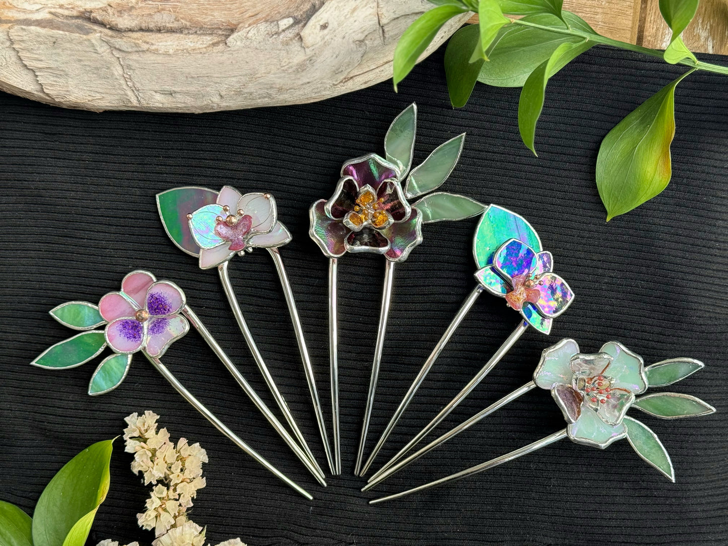 Hair Pin Stained Glass Orchid Flower CHOOSE COLOR Handmade Floral Accessories