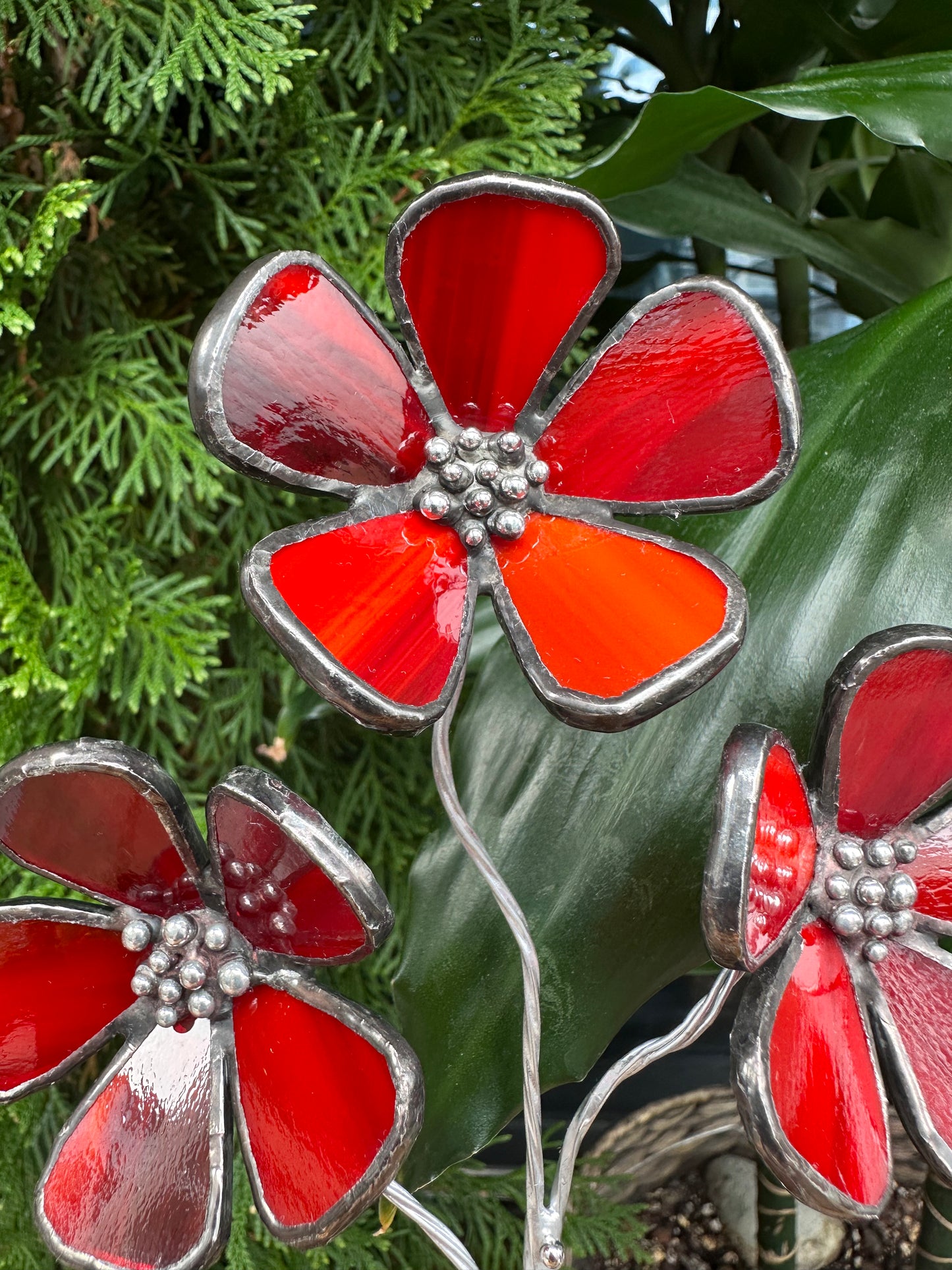 ".Ruby Red Scarlet Pimpernel flower with a pot" Stained glass tropical 3D, Sun catcher, Table plant decor, Garden stake, wedding decor, Christmas gift, available