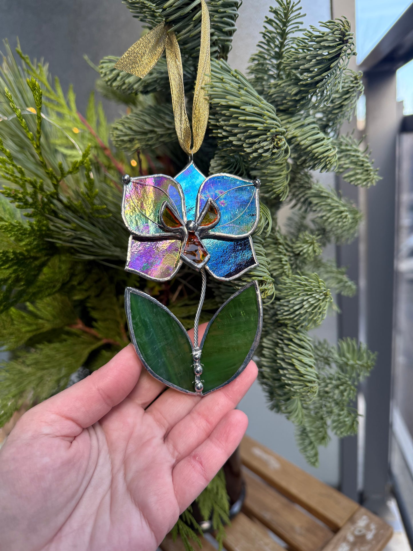 " . Butterfly Orchid flower with leaves Plum transparent irid, Stained glass Decorative ORNAMENT, Christmas decoration, Suncatcher