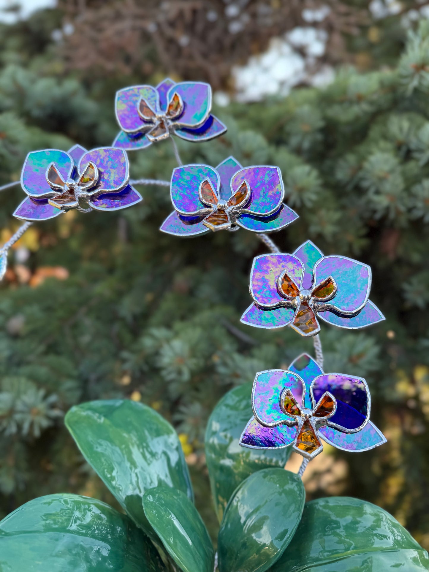.Amethyst indigo Orchid, WITH RESIN LEAVES, 5 Flowers, Handmade Stained Glass Botanical Art Decor