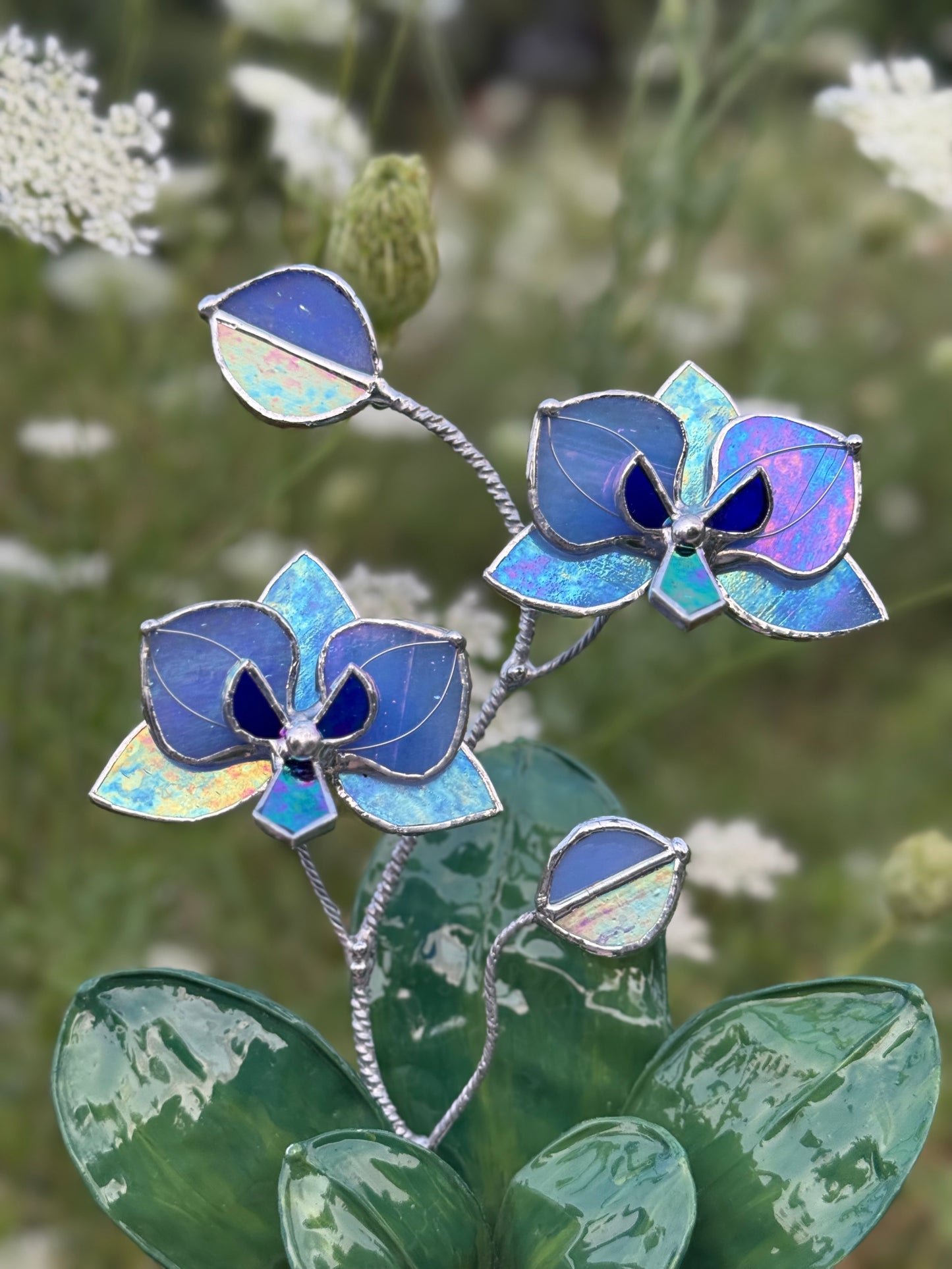 Orchid Blue lavender WITH RESIN Hand painted LEAVES Stained Glass 2 flowers in a Pot, Botanical Art Sculpture