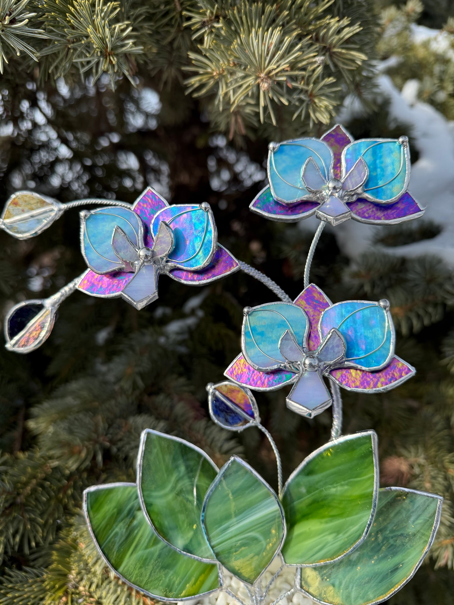 " . Amethyst iridescent and Blue iridescent Orchid 3 flowers with pot” Stained glass tropical flower 3D, Sun catcher, Table plant, Garden stick, Outdoor and gardening decor