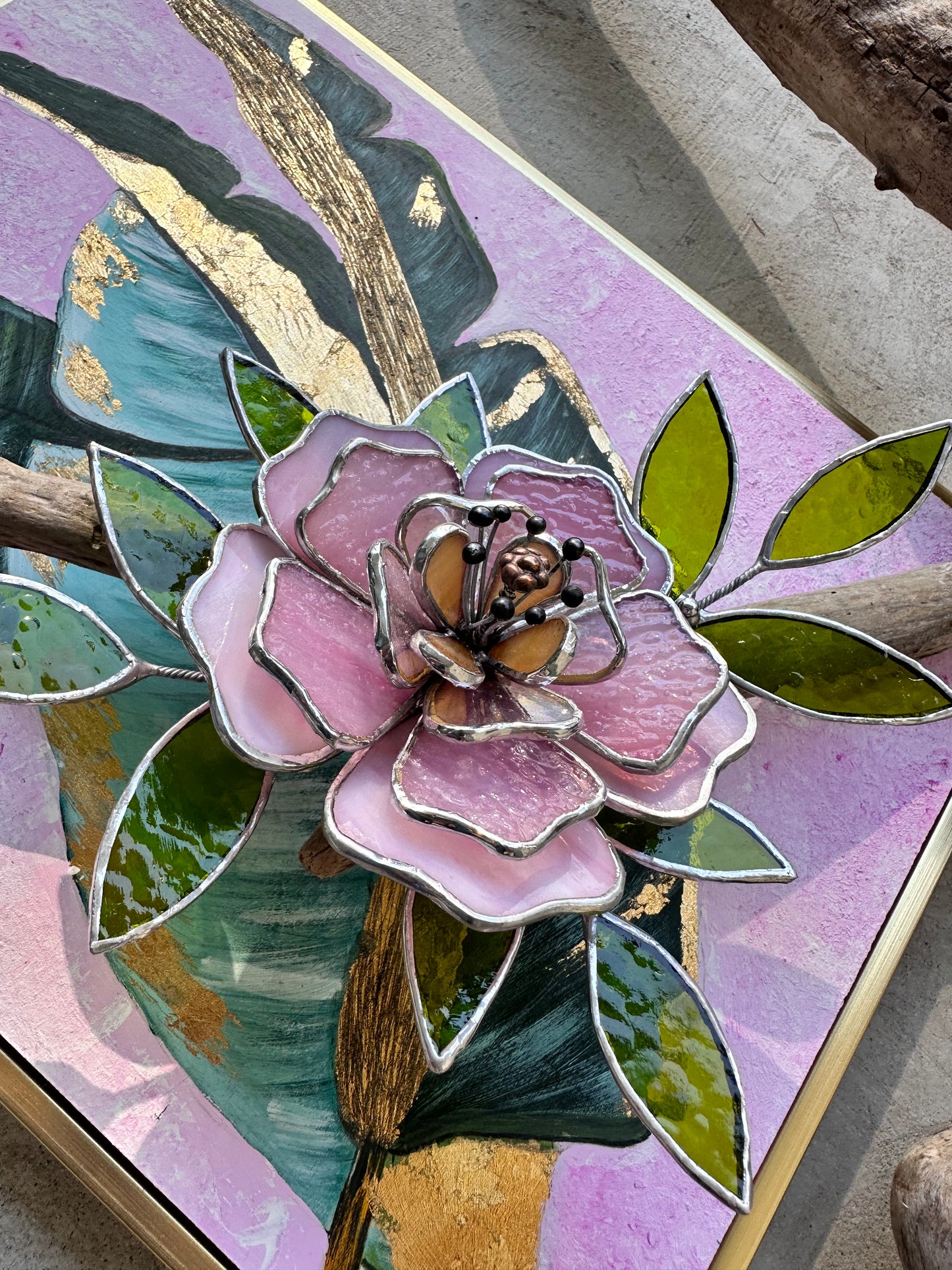 " .Acrylic painting ‘Tropical Flower’ with stained glass 3D flowers, Wall decor, Wedding, Christmas gift, available