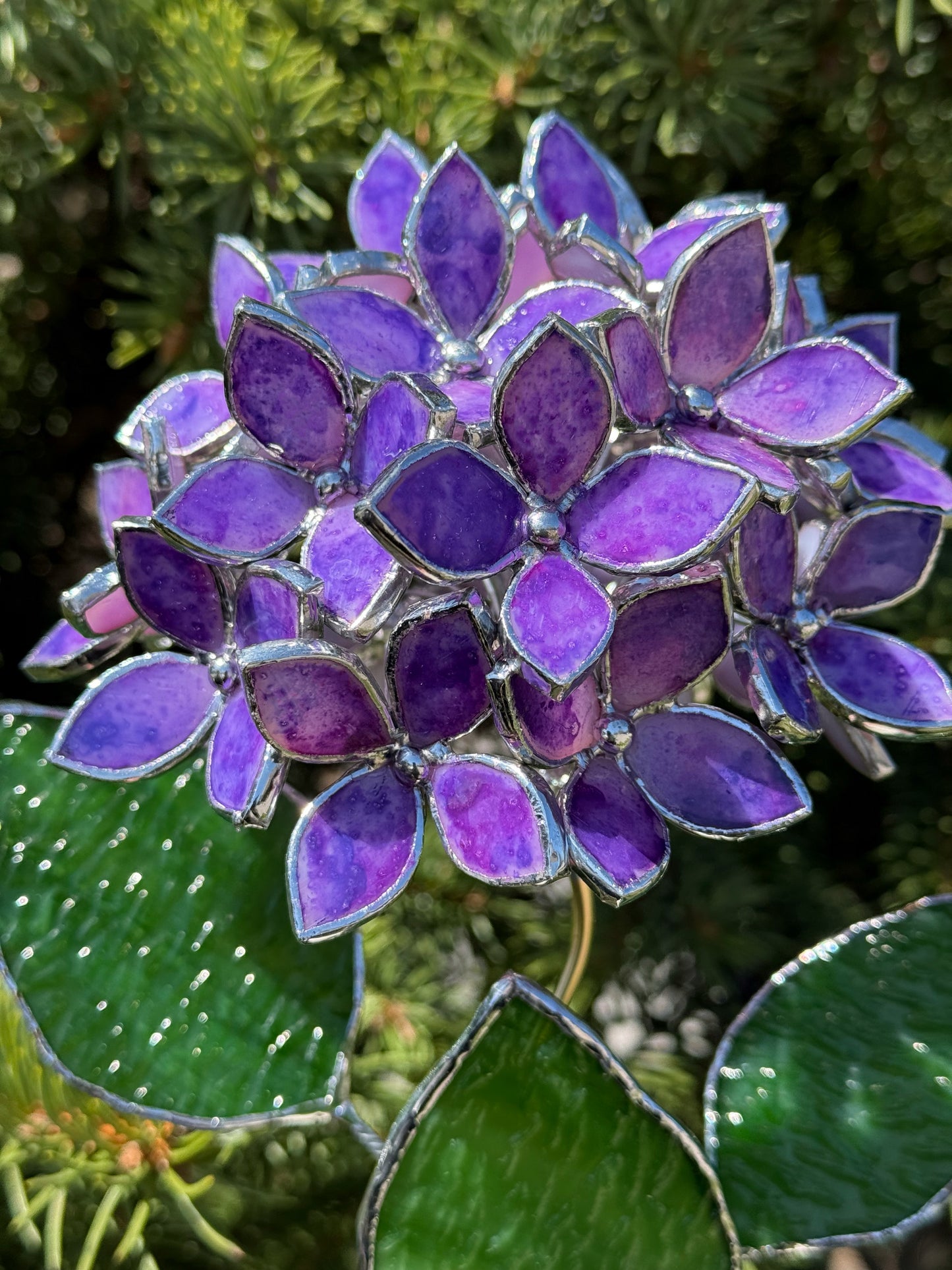 .Hand Painted Hydrangea Purple Stained glass Handcrafted Floral Home Decor