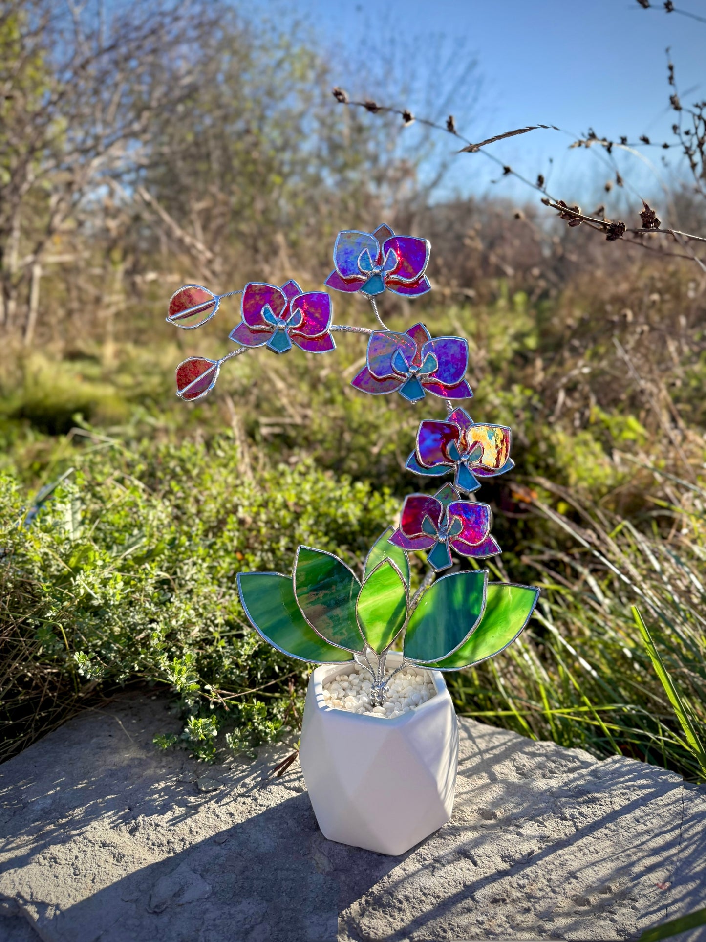 " . Red transparent iridescent Orchid 5 flowers with pot" Stained glass tropical flower 3D, Sun catcher, Table plant, Garden stick, wedding decor, Christmas gift