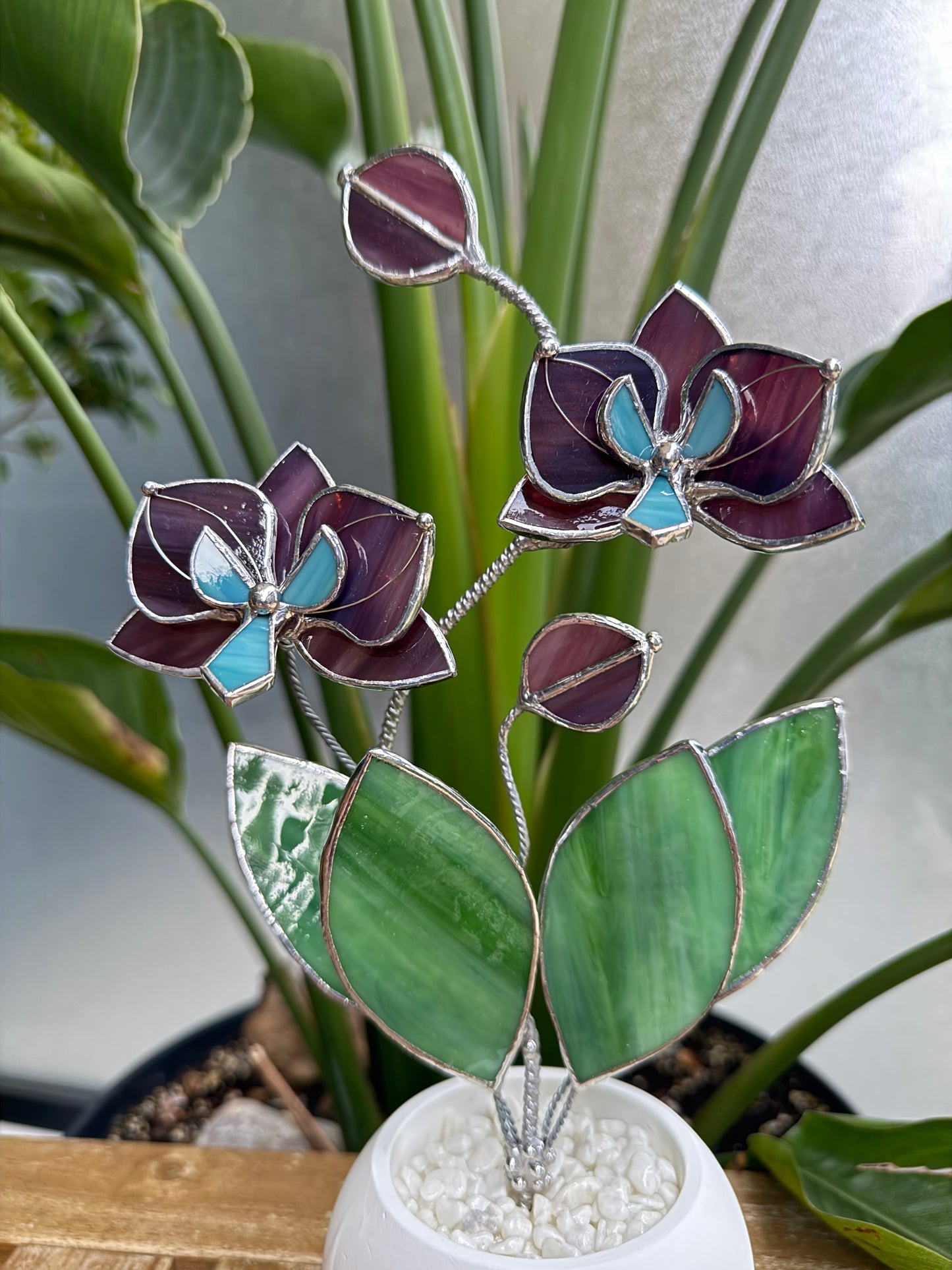 Orchid Elderberry purple Stained Glass 2 flowers in a Pot, Botanical Art Sculpture