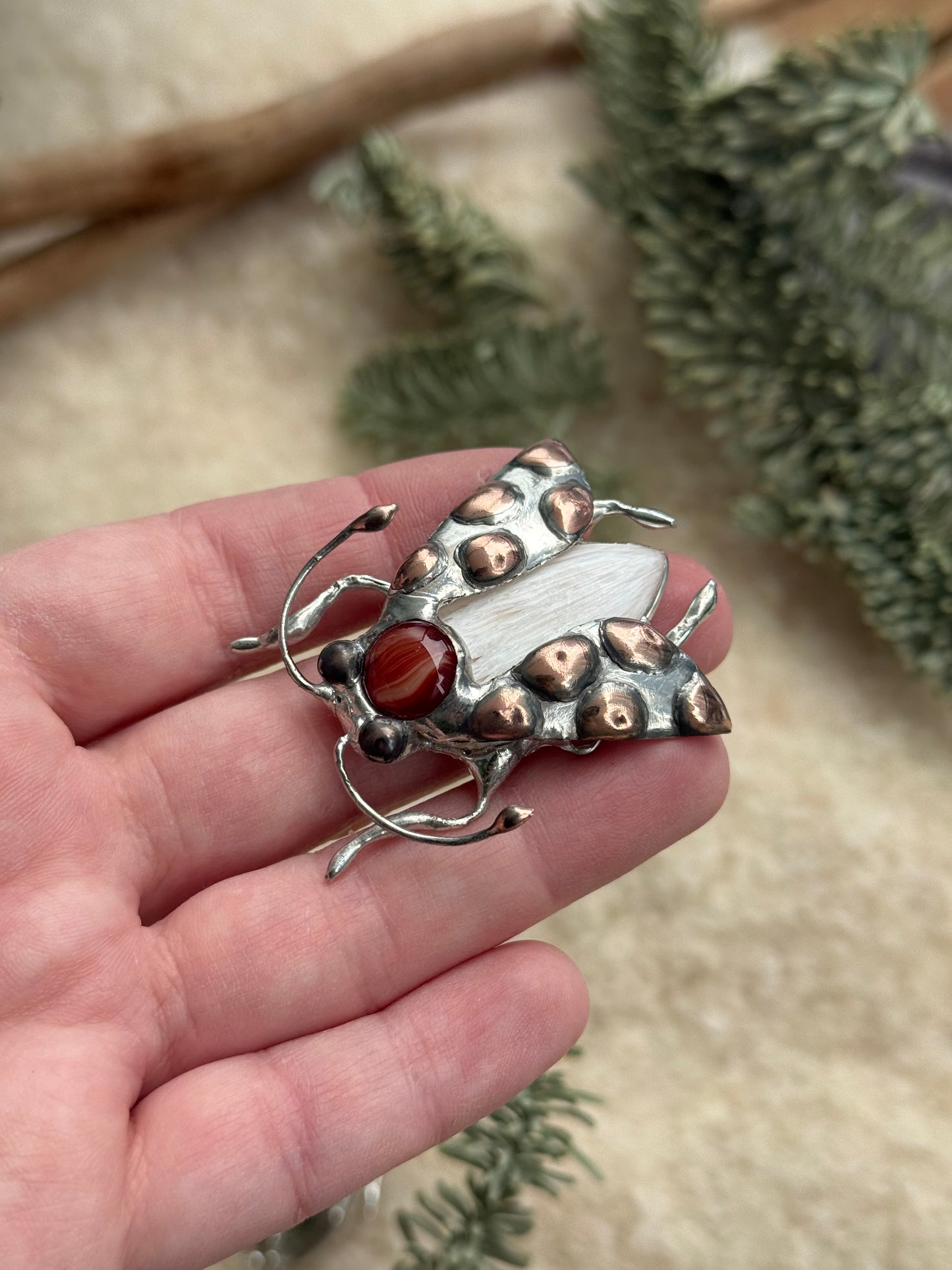 Brooch Tiger Moth with Palm Stone & Fused Glass, Gemstone Jewelry stone new