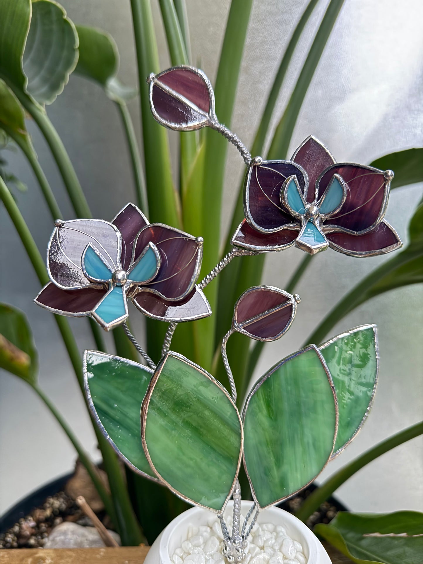 Orchid Elderberry purple Stained Glass 2 flowers in a Pot, Botanical Art Sculpture