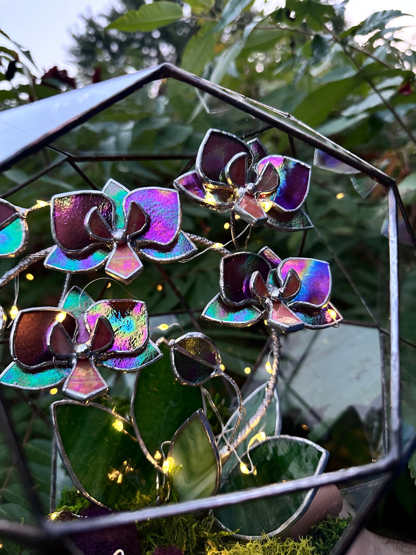 " . Geometric glass 3D terrarium Sphere with stained glass iridescent orchid. Wedding glass decor, Mother’s Day  gift, glass art, suncatcher, succulents, cacti