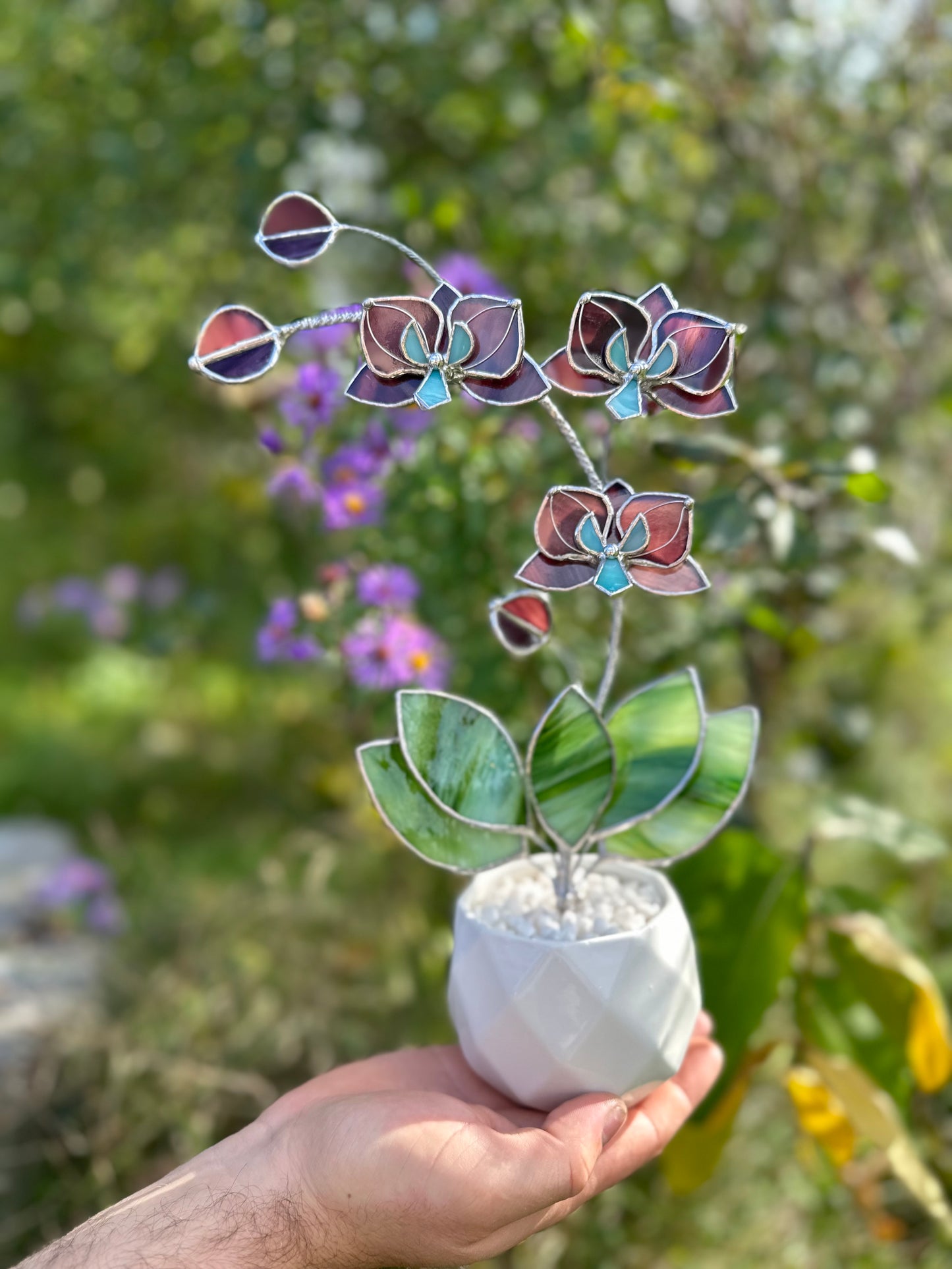 " . Elderberry Orchid 3 flowers with pot” Stained glass tropical flower 3D, Sun catcher, Table plant decor, Garden stick, Outdoor and gardening decor