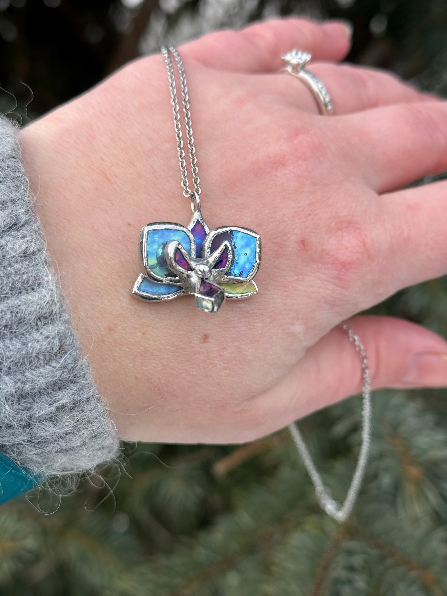 " . Necklace Orchid Lavender iridescent Necklace” Stained glass tropical flower 3D, art jewelry