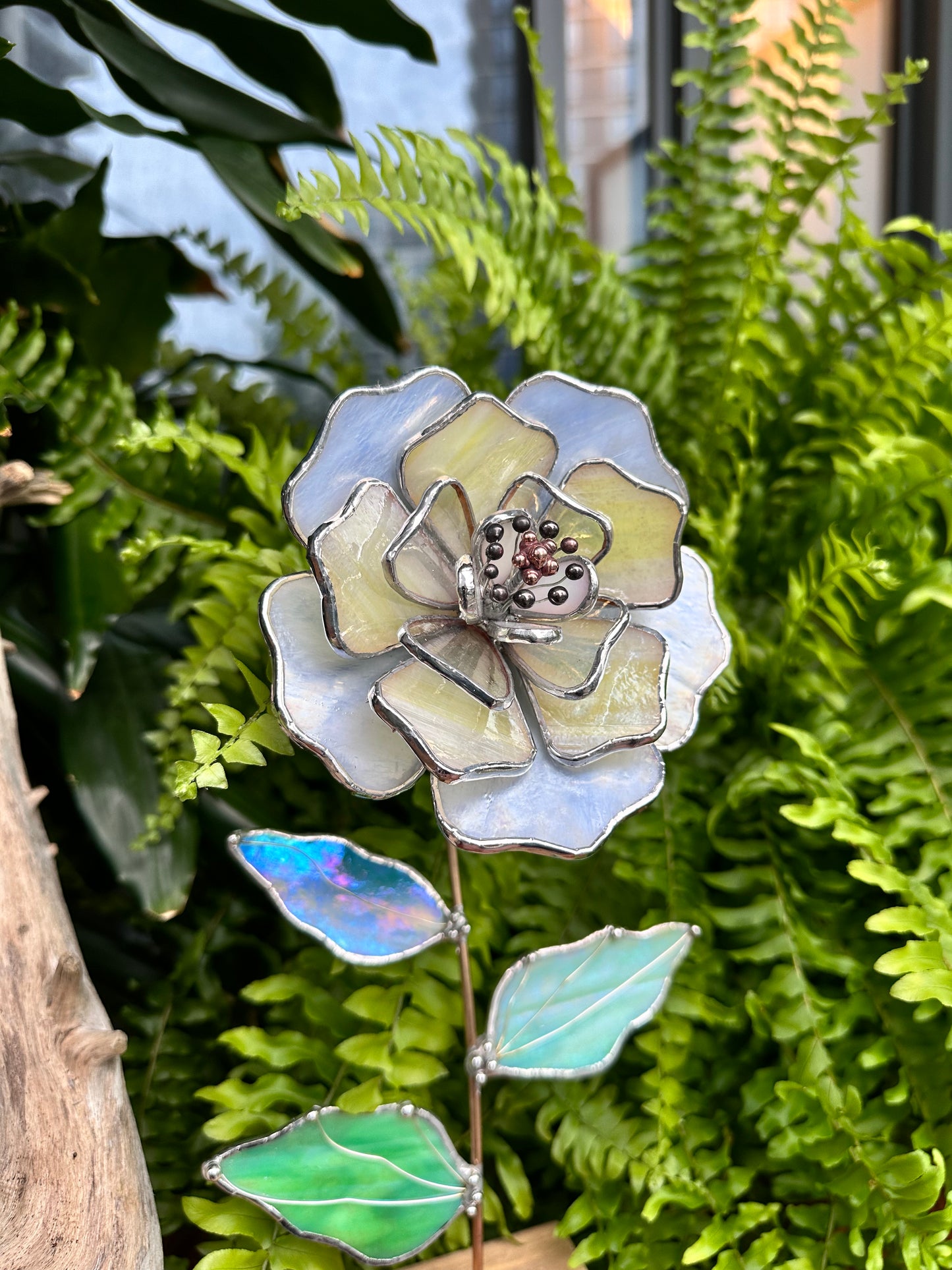 " . Lavender & yellow irid Peony Stained glass flower, tropical 3D Sun catcher, Table plant decor, wedding gift, available