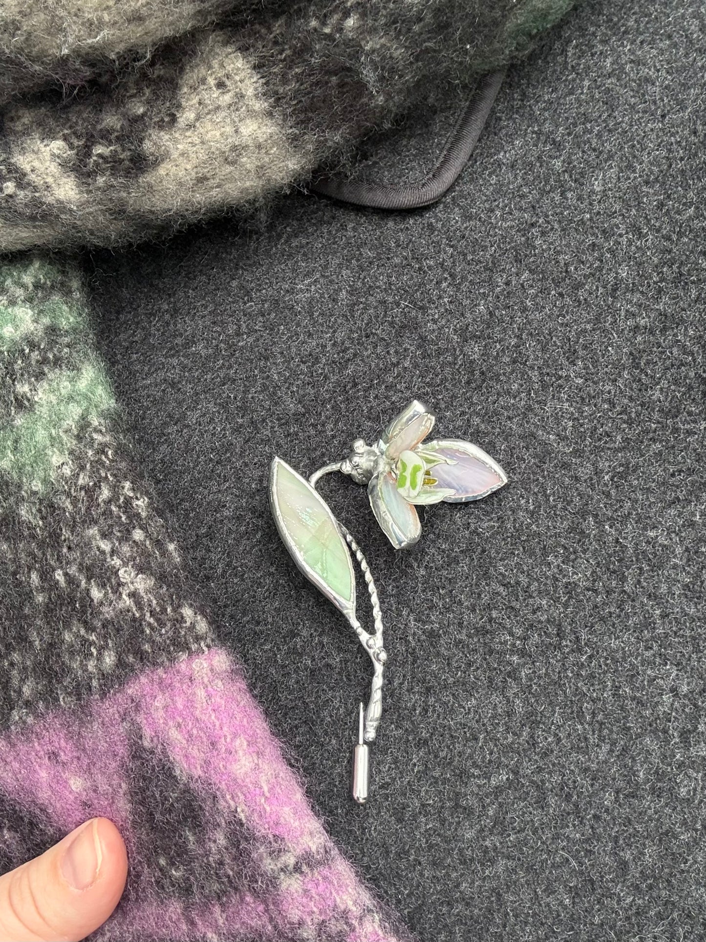 Snowdrop Brooch Statement Stained Glass Floral Pin, Modern Art Jewelry
