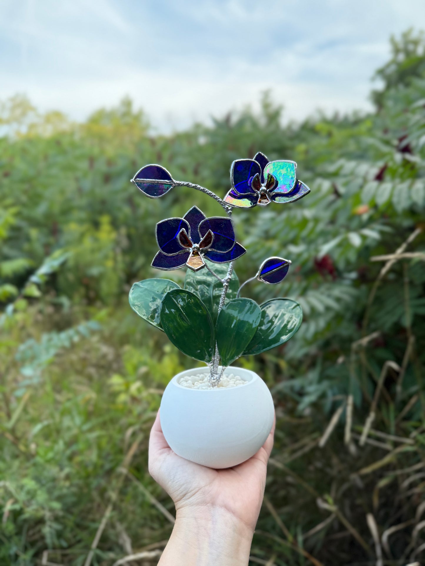 Indigo iridescent Artificial Orchid WITH RESIN Hand painted LEAVES 2 flowers with bud in a Pot, Botanical Art Sculpture