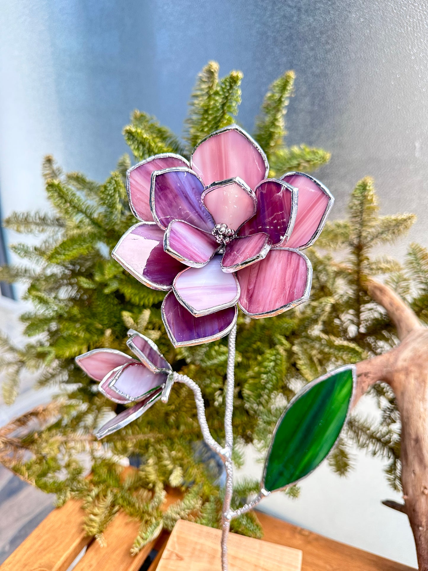 ". Magnolia Pink-Purple flower with a bud" Stained glass tropical 3D, Sun catcher, Table plant decor, Garden stake, wedding decor, Christmas gift