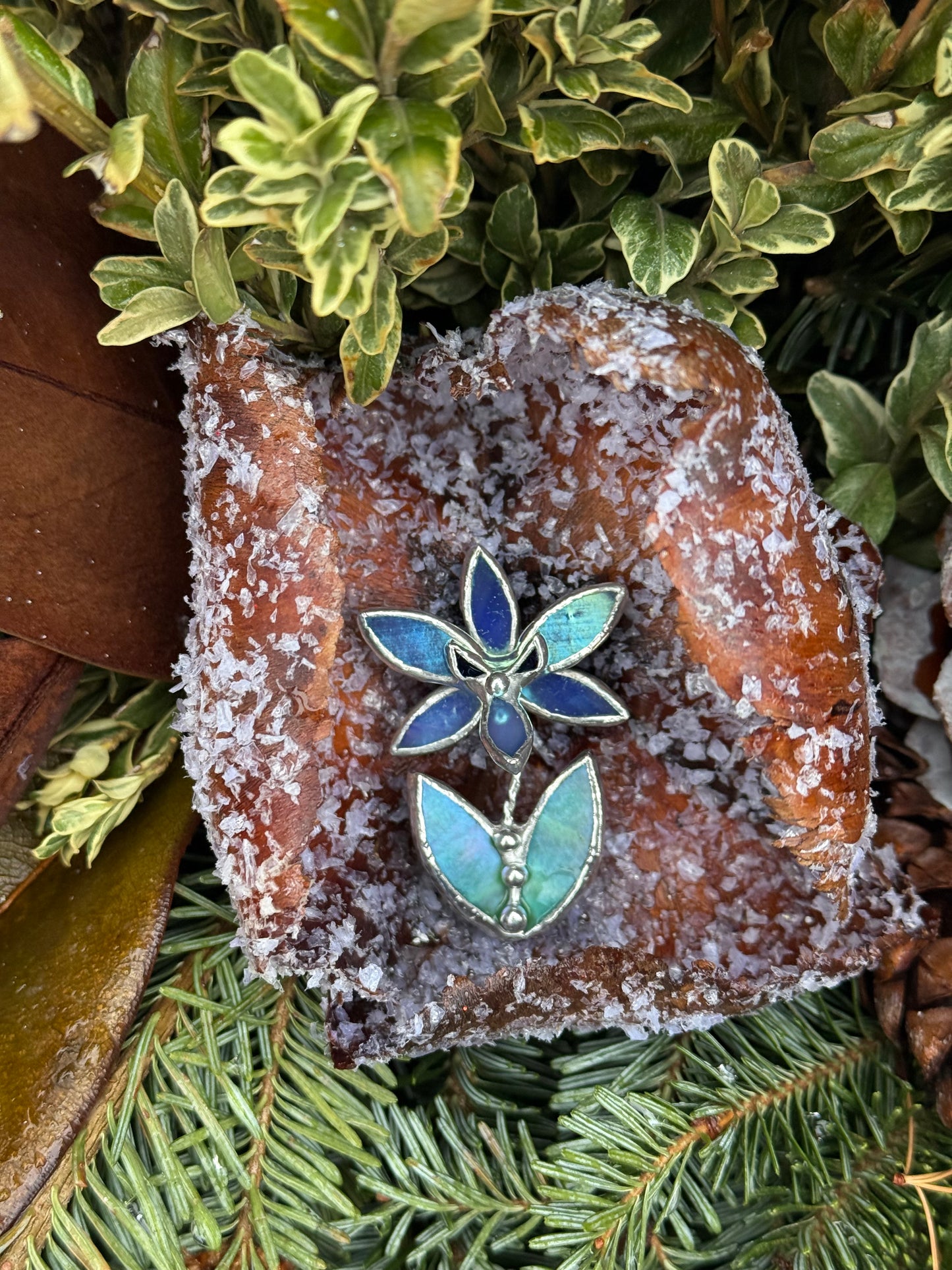 Orchid Blue lumi Brooch Stained Glass Floral Pin, Modern Art Jewelry statement ready new
