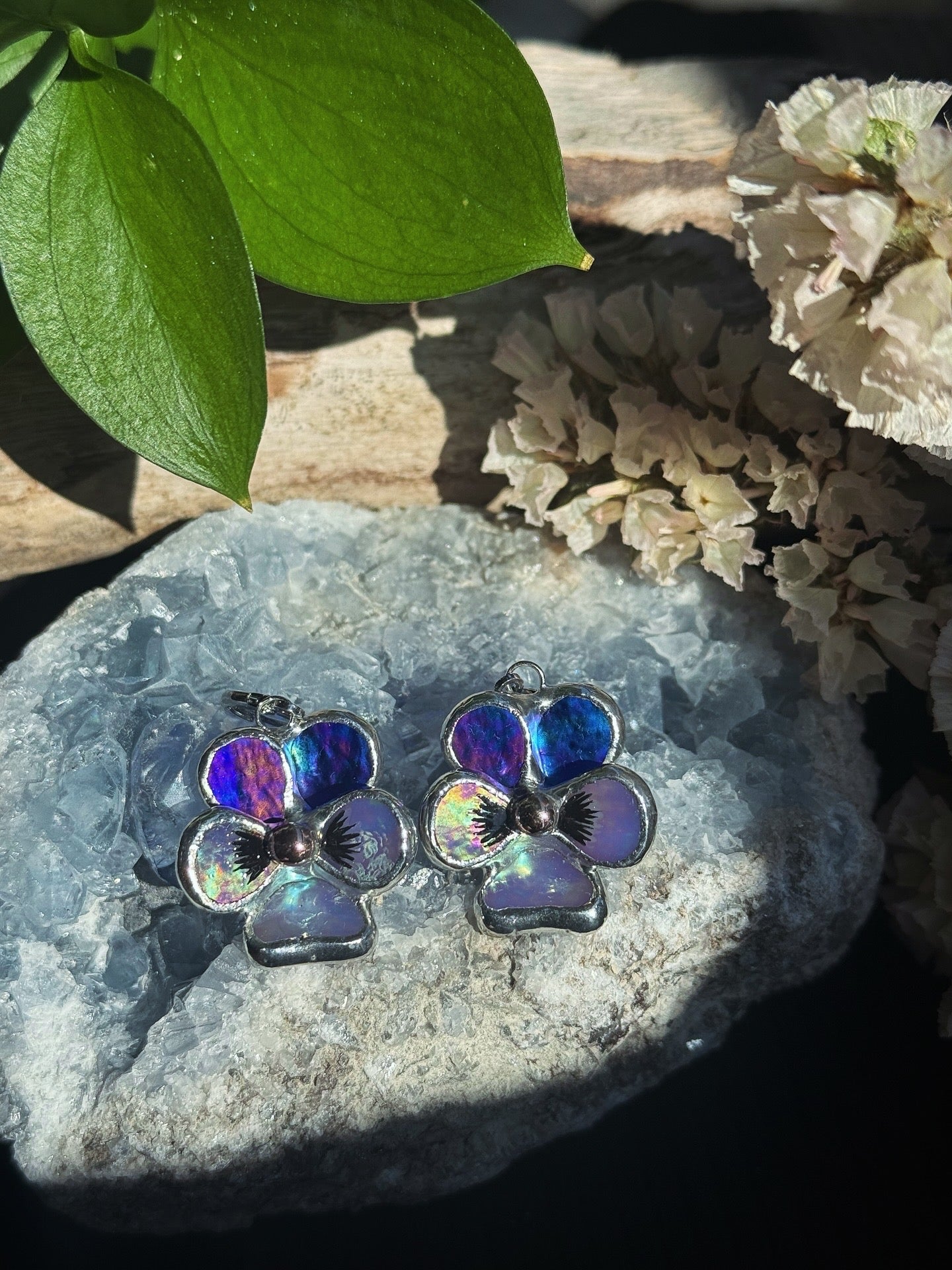 Pansy Earrings Indigo Lavender Handcrafted Stained glass Botanical Art Jewelry