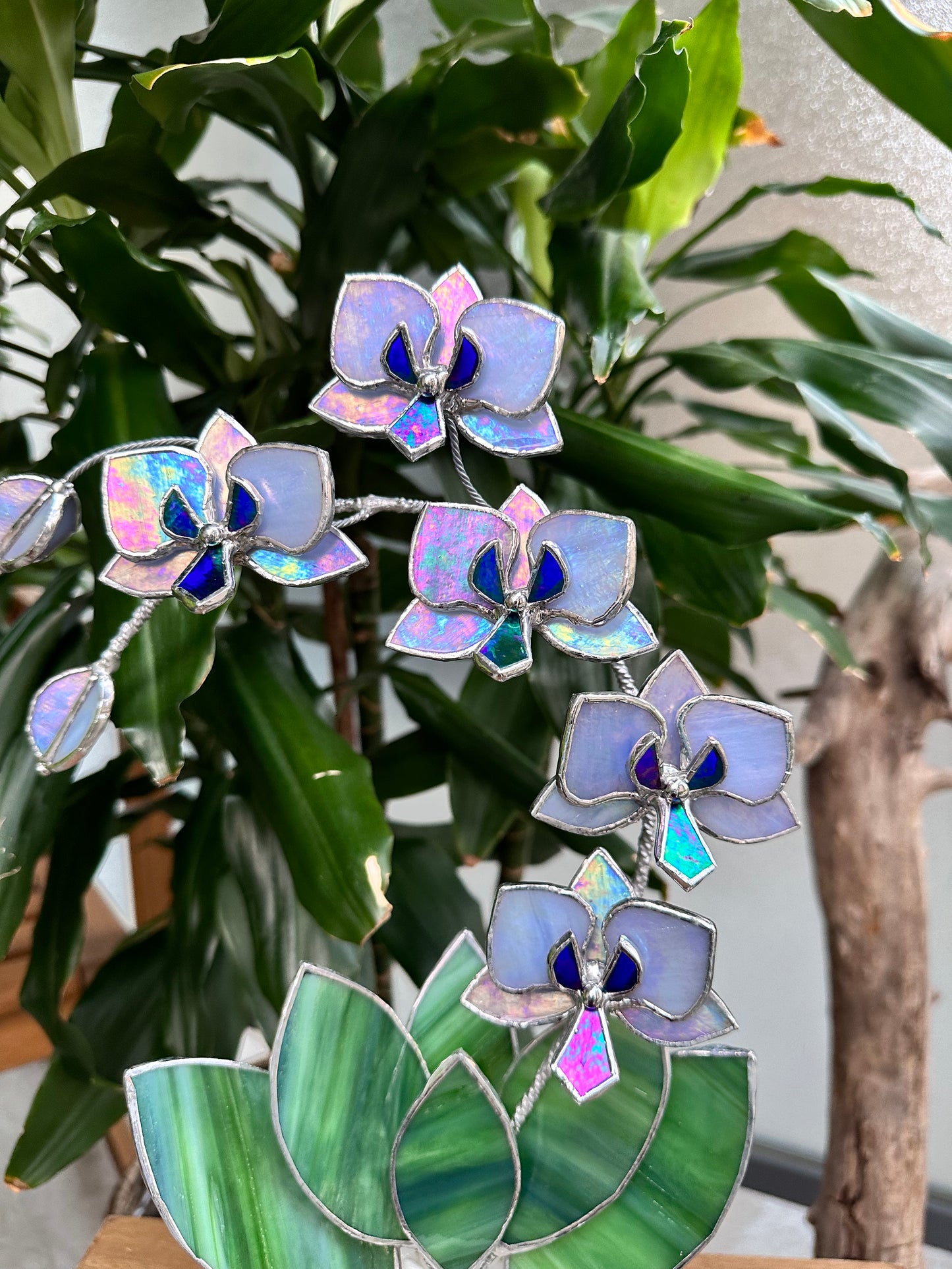 " . Lavender iridescent Orchid 5 flowers with pot" Stained glass tropical flower 3D, Sun catcher, Table plant, Garden stick, wedding decor, Christmas gift