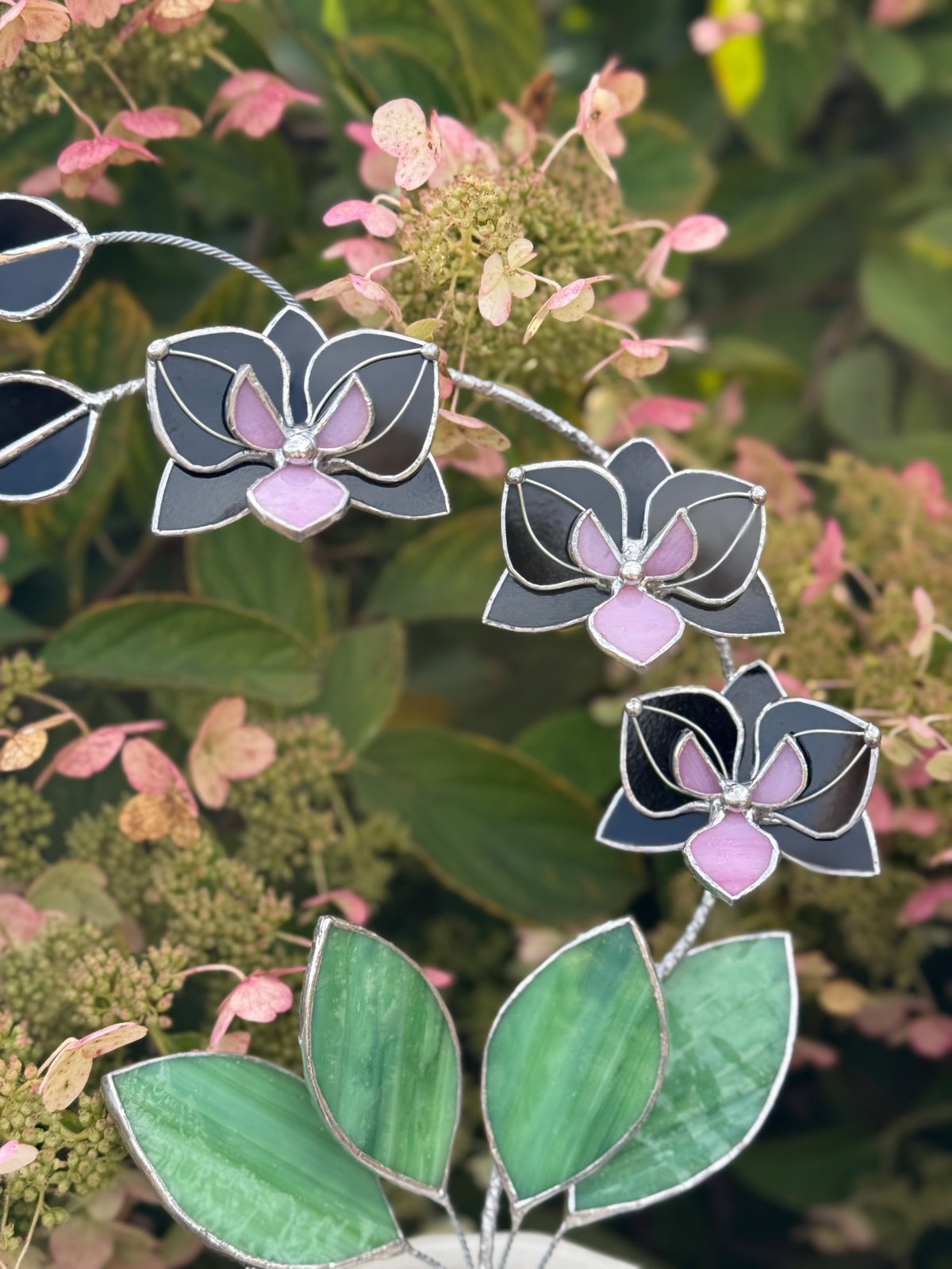 Black Pink Orchid 3 flowers with pot, Stained glass tropical flower, Sun catcher