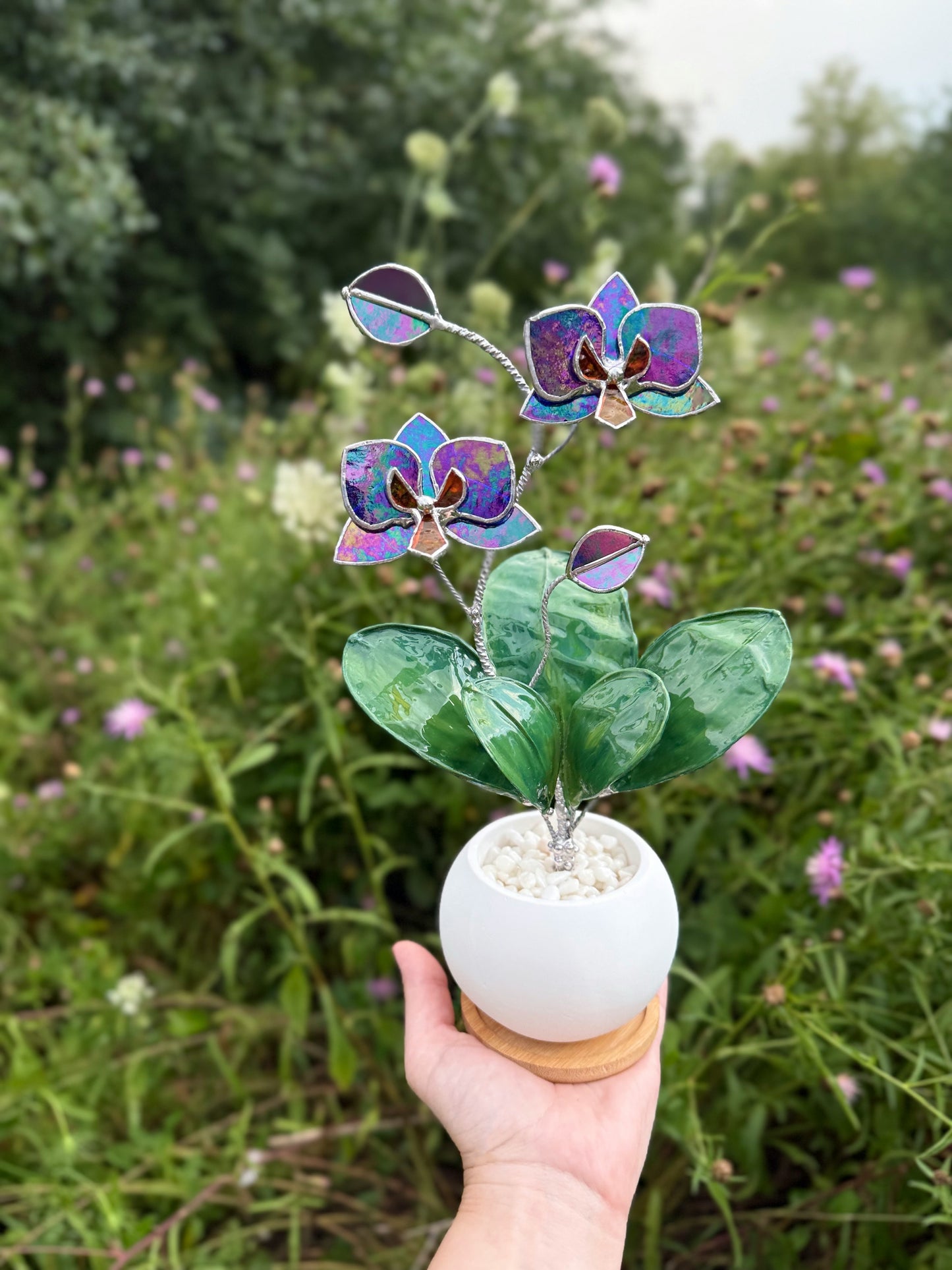 Orchid Indigo iridescent WITH RESIN Hand painted LEAVES Stained Glass 2 flowers in a Pot, Botanical Art Sculpture