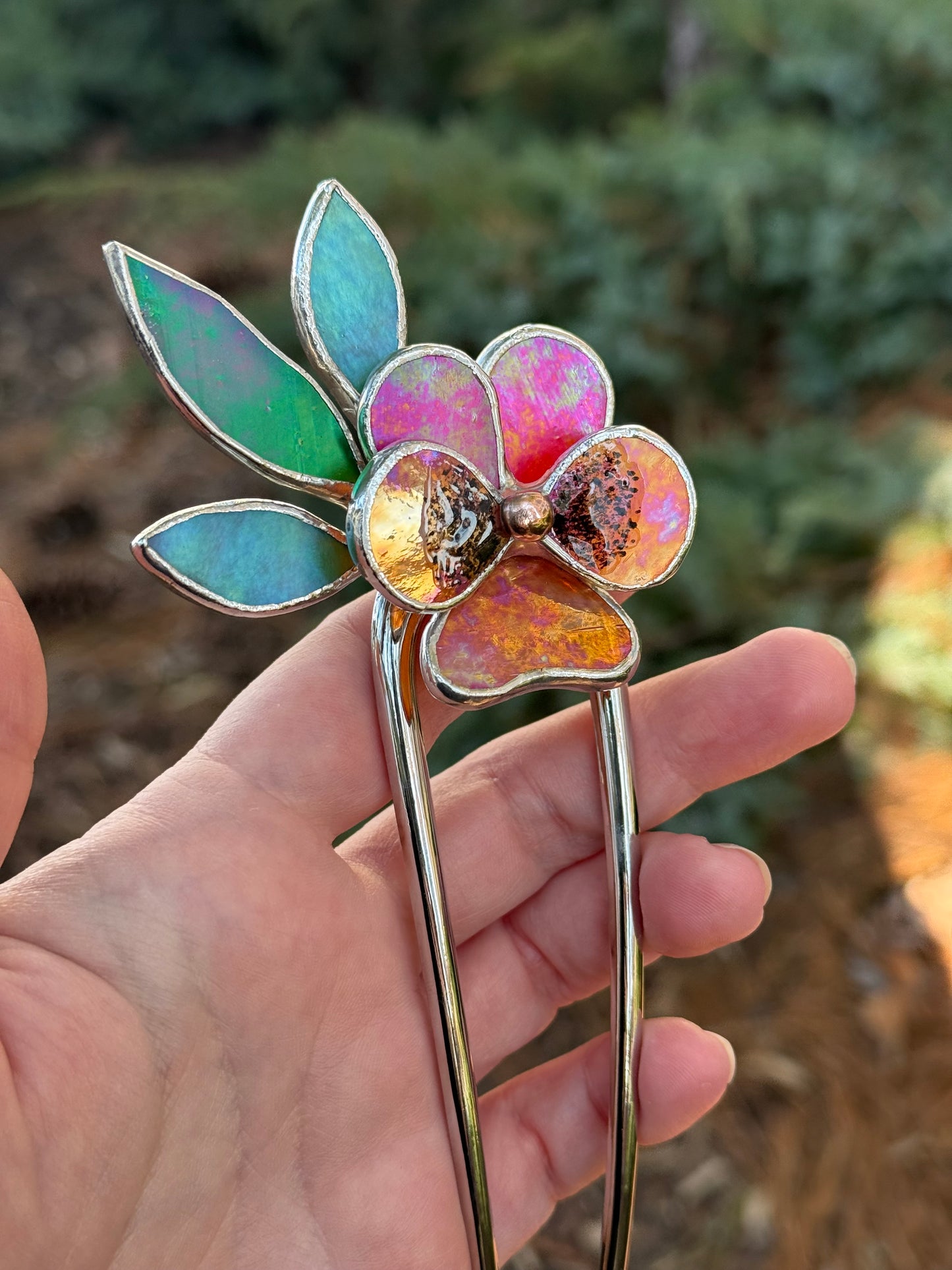 .Hair Pin Stained Glass Pansy Flower CHOOSE COLOR Handmade Floral Accessories