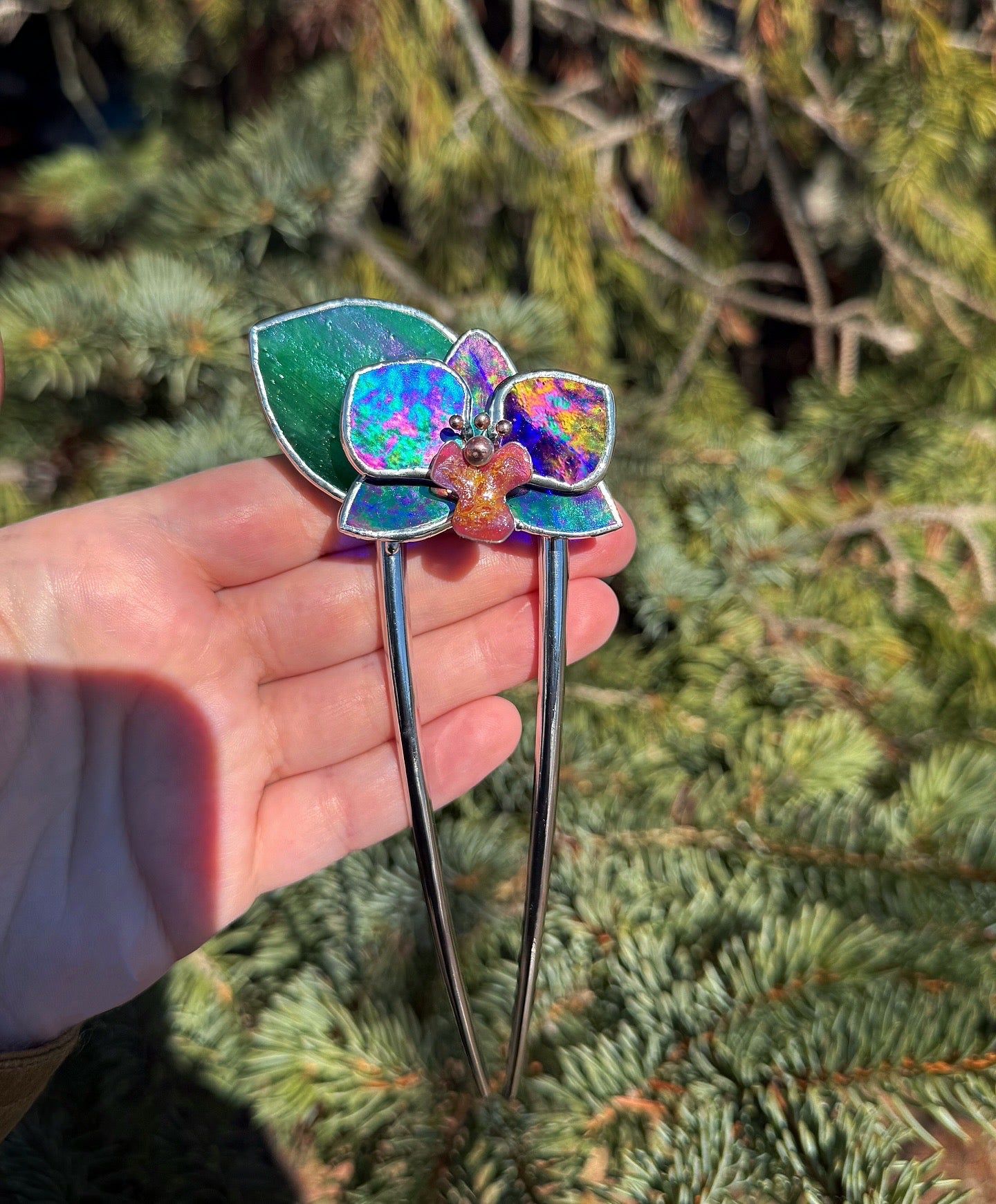 Hair Pin Stained Glass Orchid Flower CHOOSE COLOR Handmade Floral Accessories