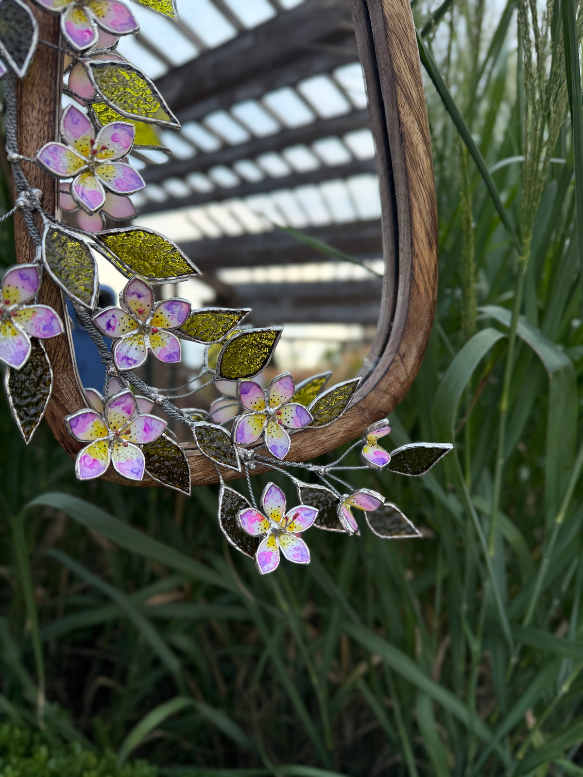 Hand Painted Tropical Flower Stained glass Flower Mirror, 3D Botanical Floral Wall Art ready new