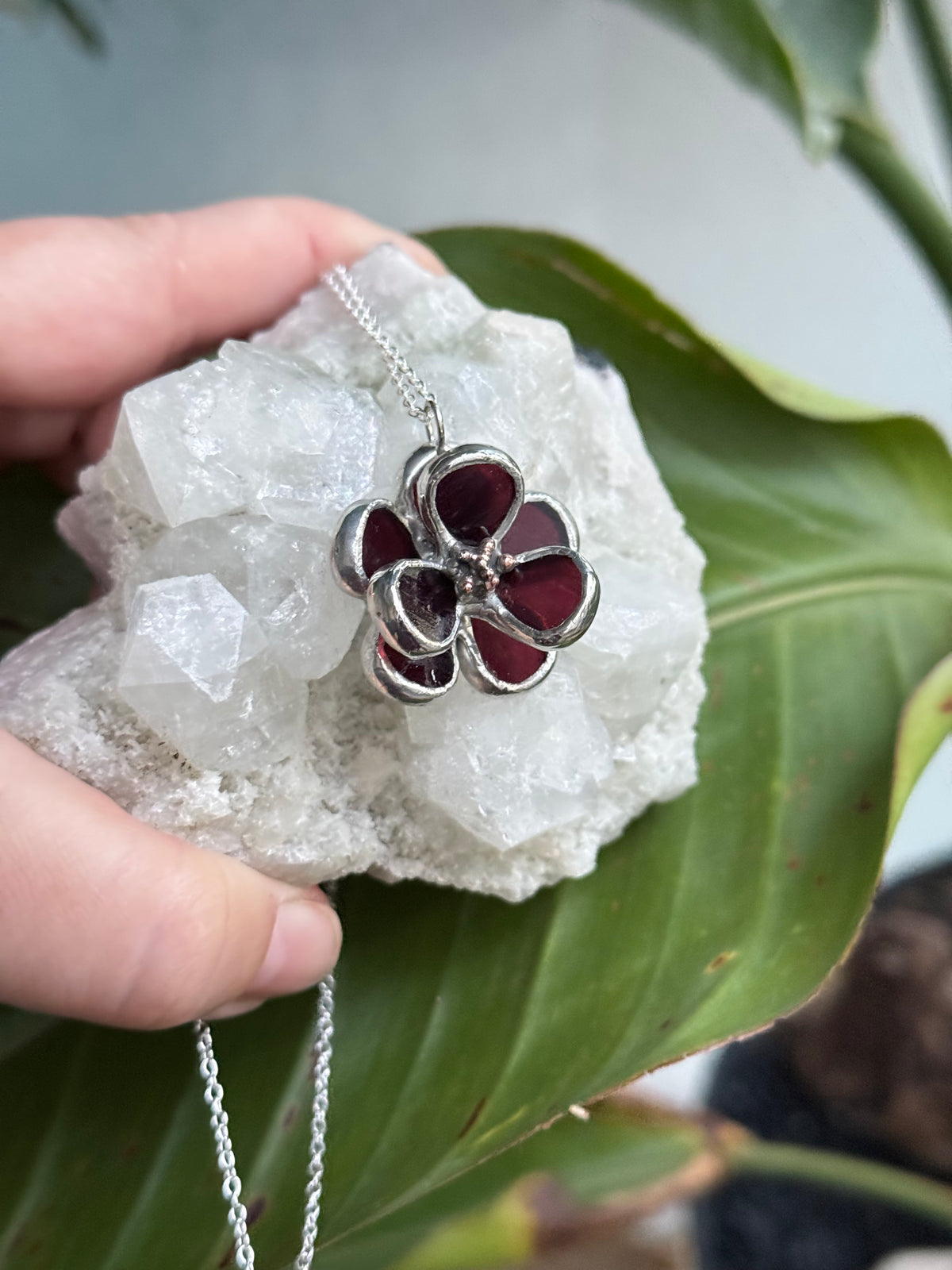 Chocolate Cosmos Flower Stained Glass Necklace, Handmade Botanical Jewelry
