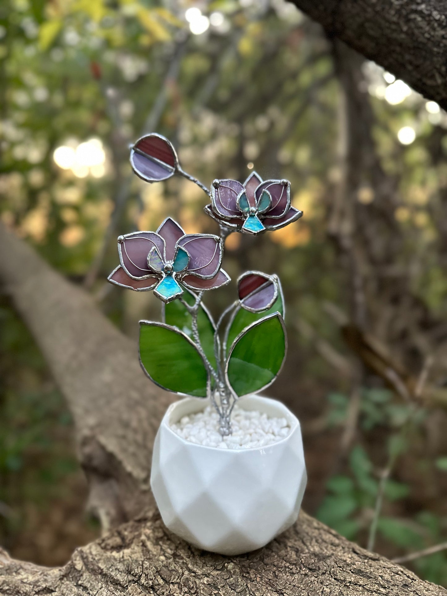 " . Dusty Rose Orchid 2 flowers with pot” Stained glass tropical flower 3D, Sun catcher, Table plant decor, Garden stick, Outdoor and gardening decor