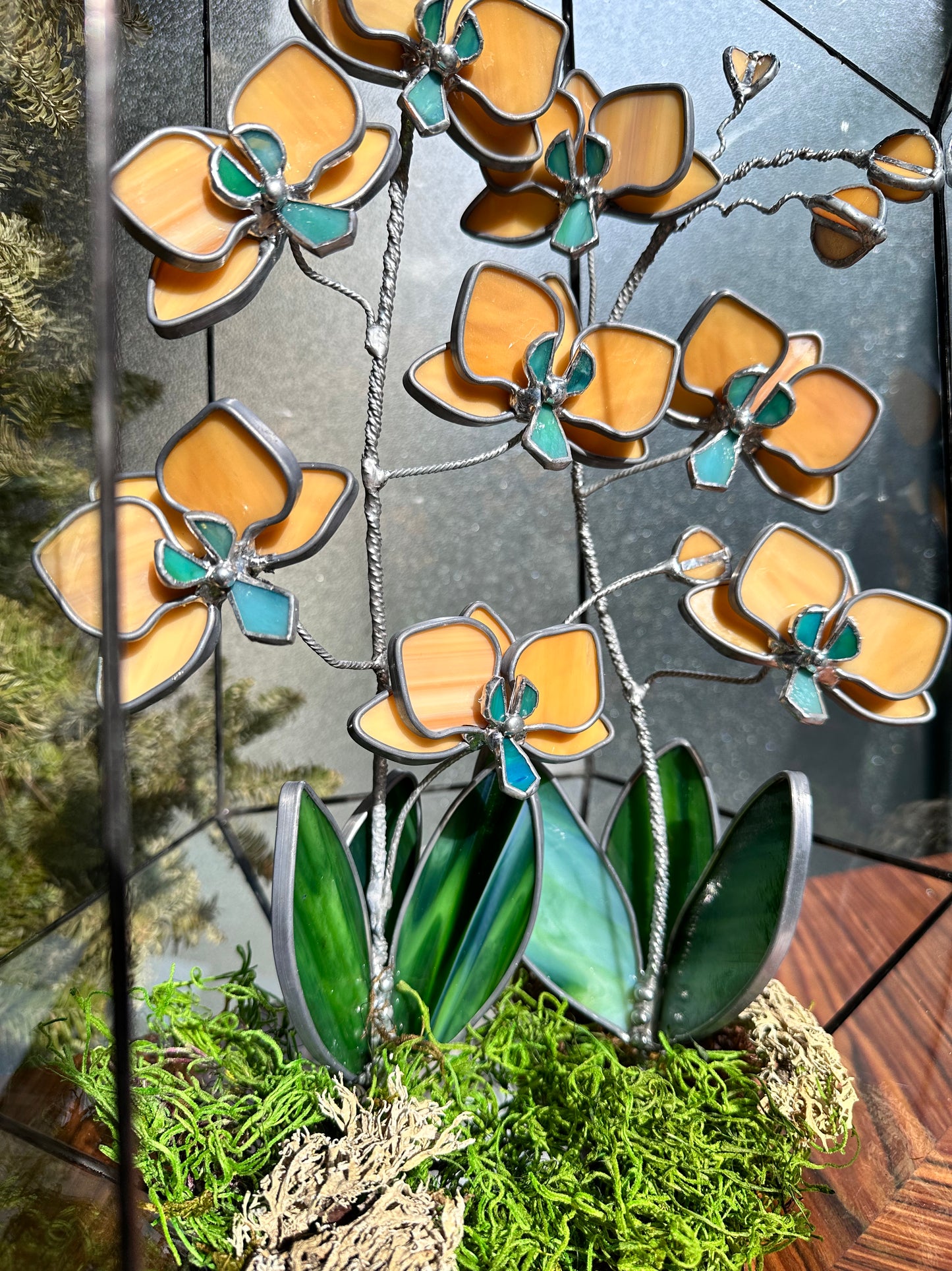 " .Geometric glass 3D terrarium Asymmetrical with stained glass orchids. Wedding glass decor, Mother’s Day  gift, glass art, suncatcher, succulents, cacti