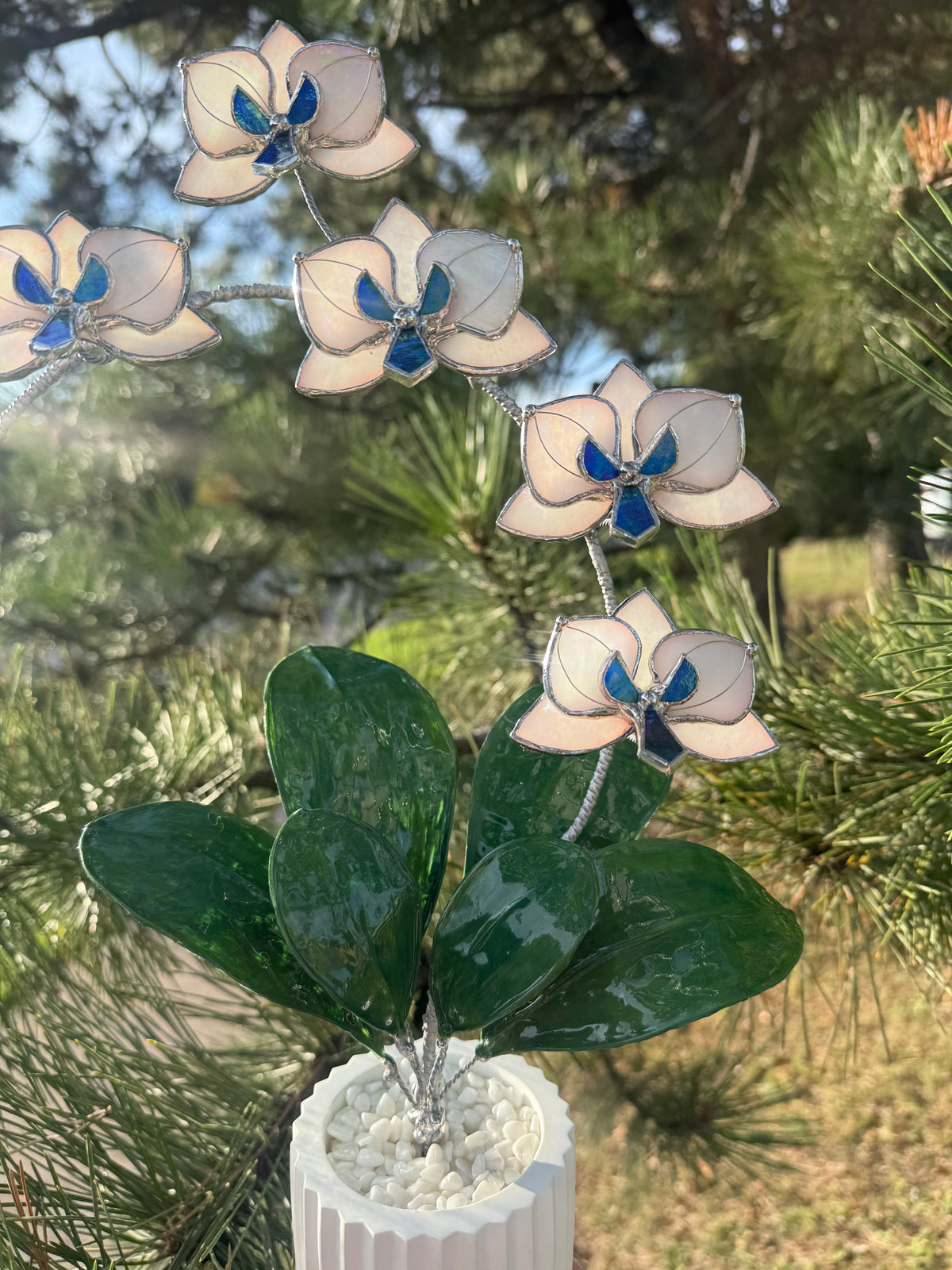 Pearl White iridescent Artificial Orchid, WITH RESIN LEAVES, 5 Flowers, Handmade Botanical Art Decor