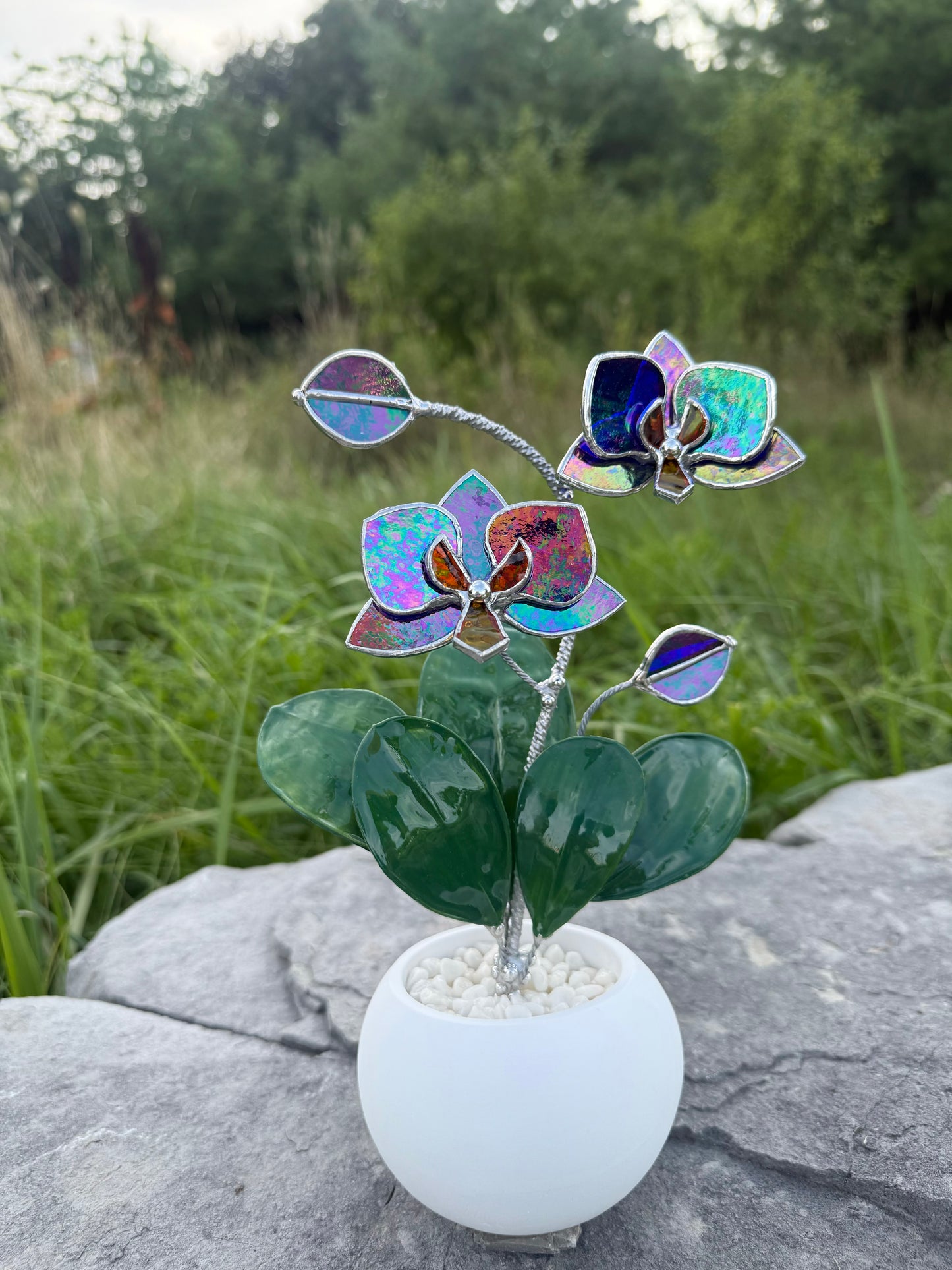 Indigo iridescent Artificial Orchid WITH RESIN Hand painted LEAVES 2 flowers with bud in a Pot, Botanical Art Sculpture