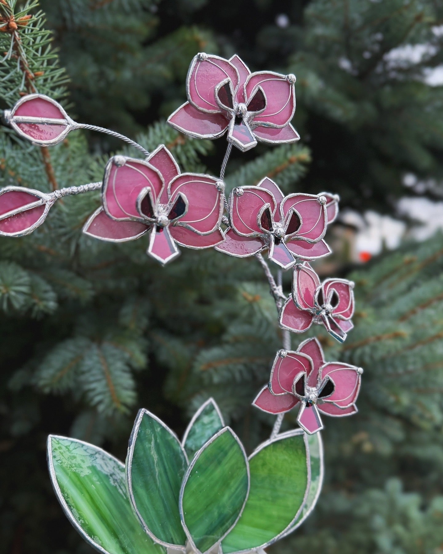 " .Baby Pink Orchid 5 flowers with pot" Stained glass tropical flower 3D, Sun catcher, Table plant, Garden stick, wedding decor, Christmas gift