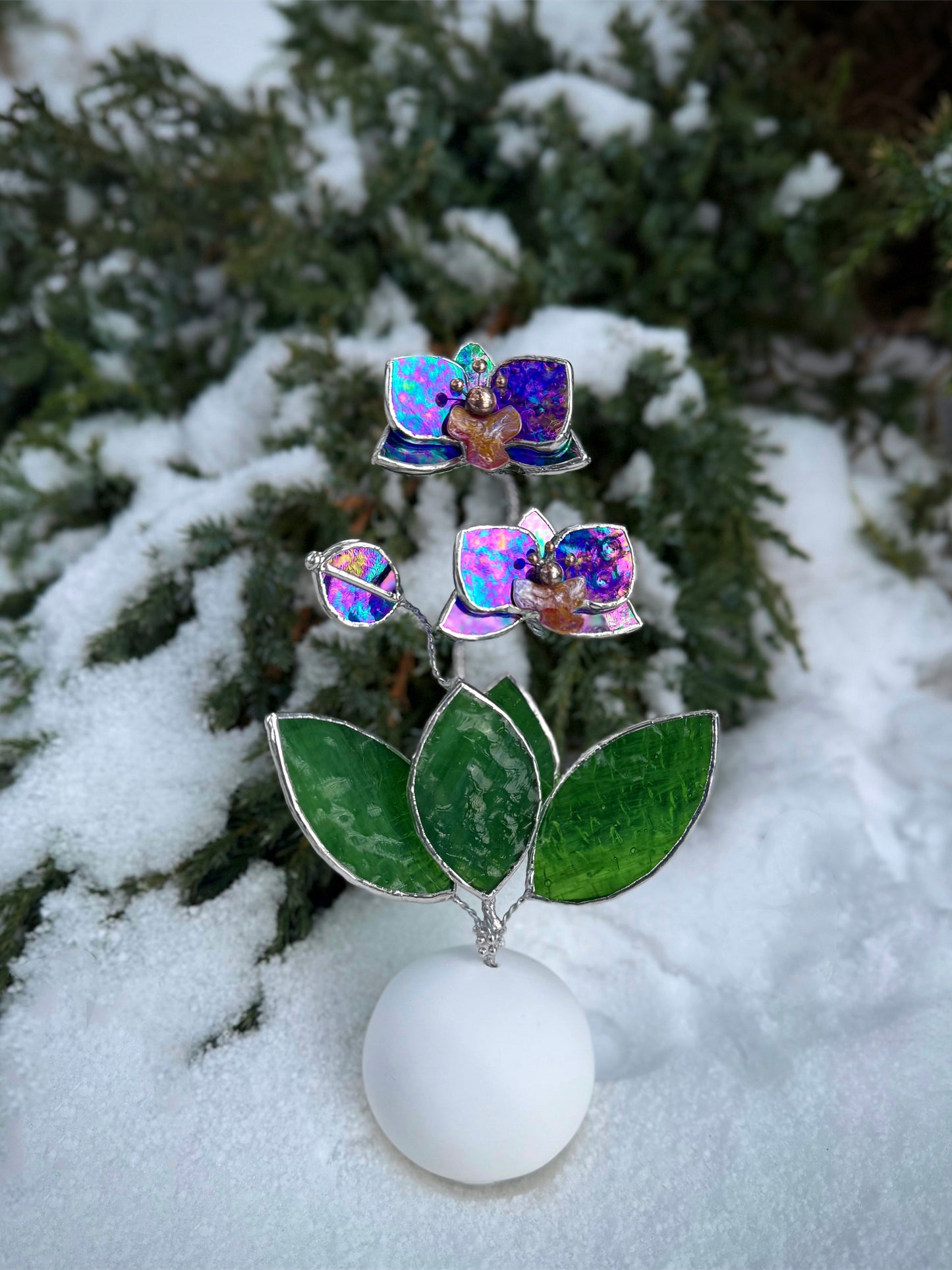 Orchid Indigo Stained Glass Artisan Flower, Botanical Table Decor